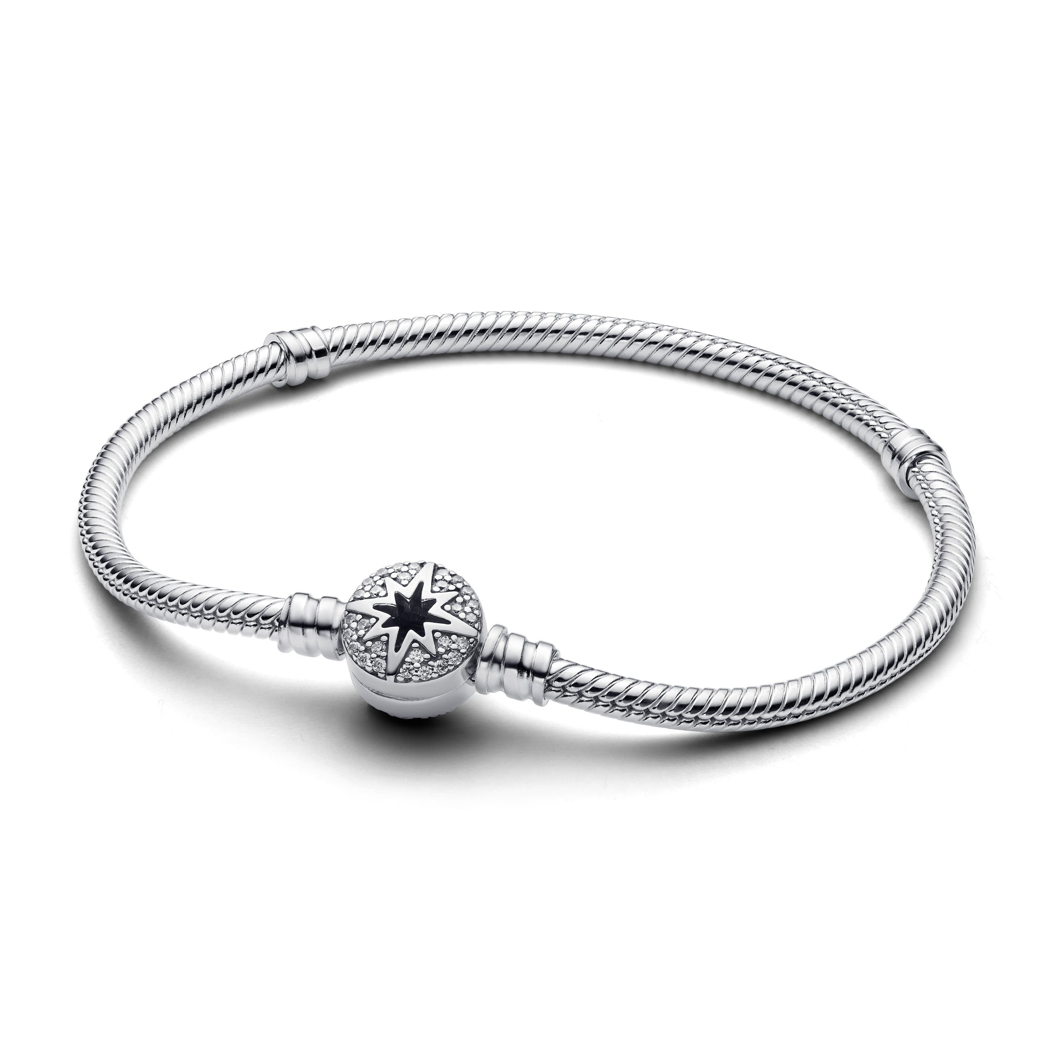Snake Chain Sterling Silver Bracelet With North Star Clasp And Clear Cubic Zirconia