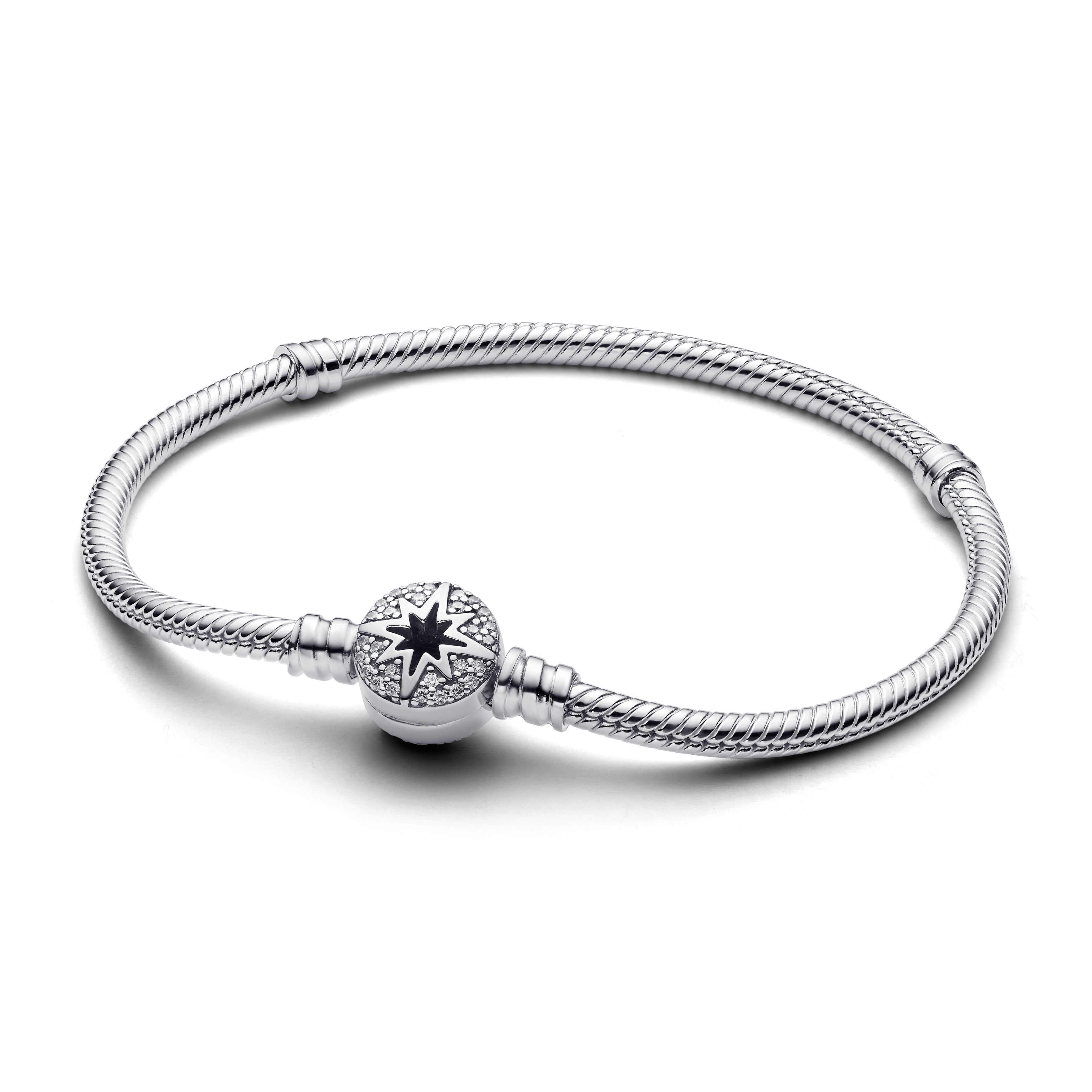 Snake Chain Sterling Silver Bracelet With North Star Clasp And Clear Cubic Zirconia