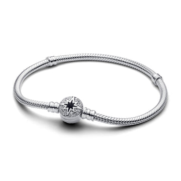 Snake Chain Sterling Silver Bracelet With North Star Clasp And Clear Cubic Zirconia
