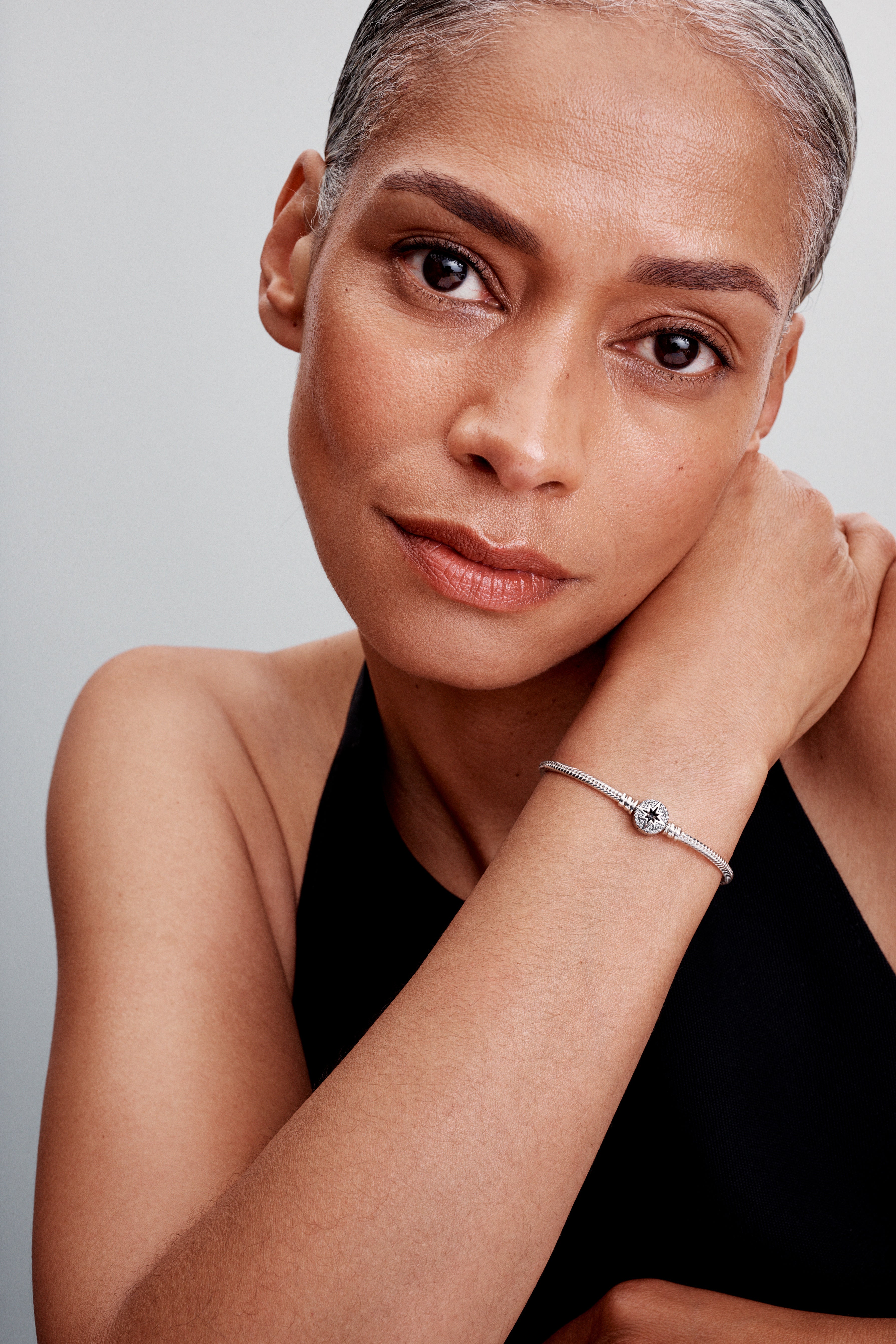 Snake Chain Sterling Silver Bracelet With North Star Clasp And Clear Cubic Zirconia