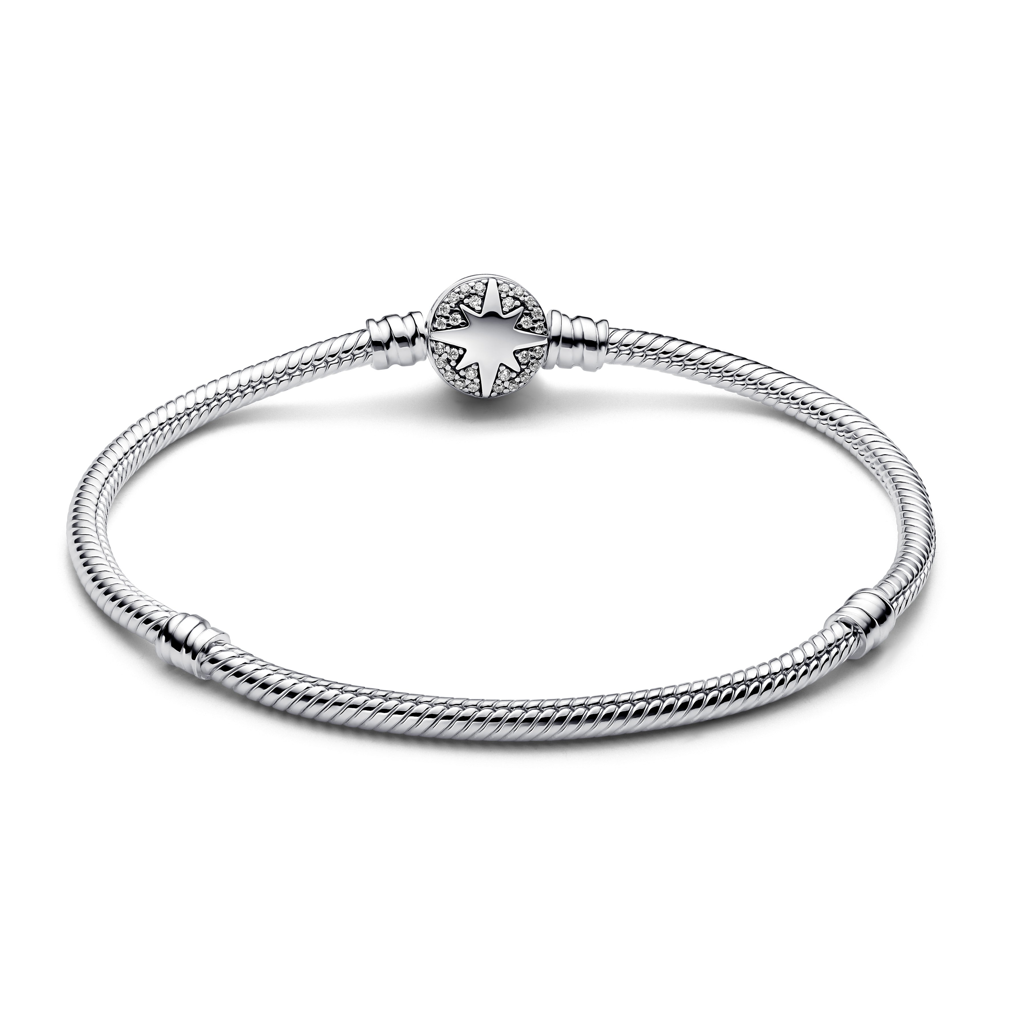 Snake Chain Sterling Silver Bracelet With North Star Clasp And Clear Cubic Zirconia