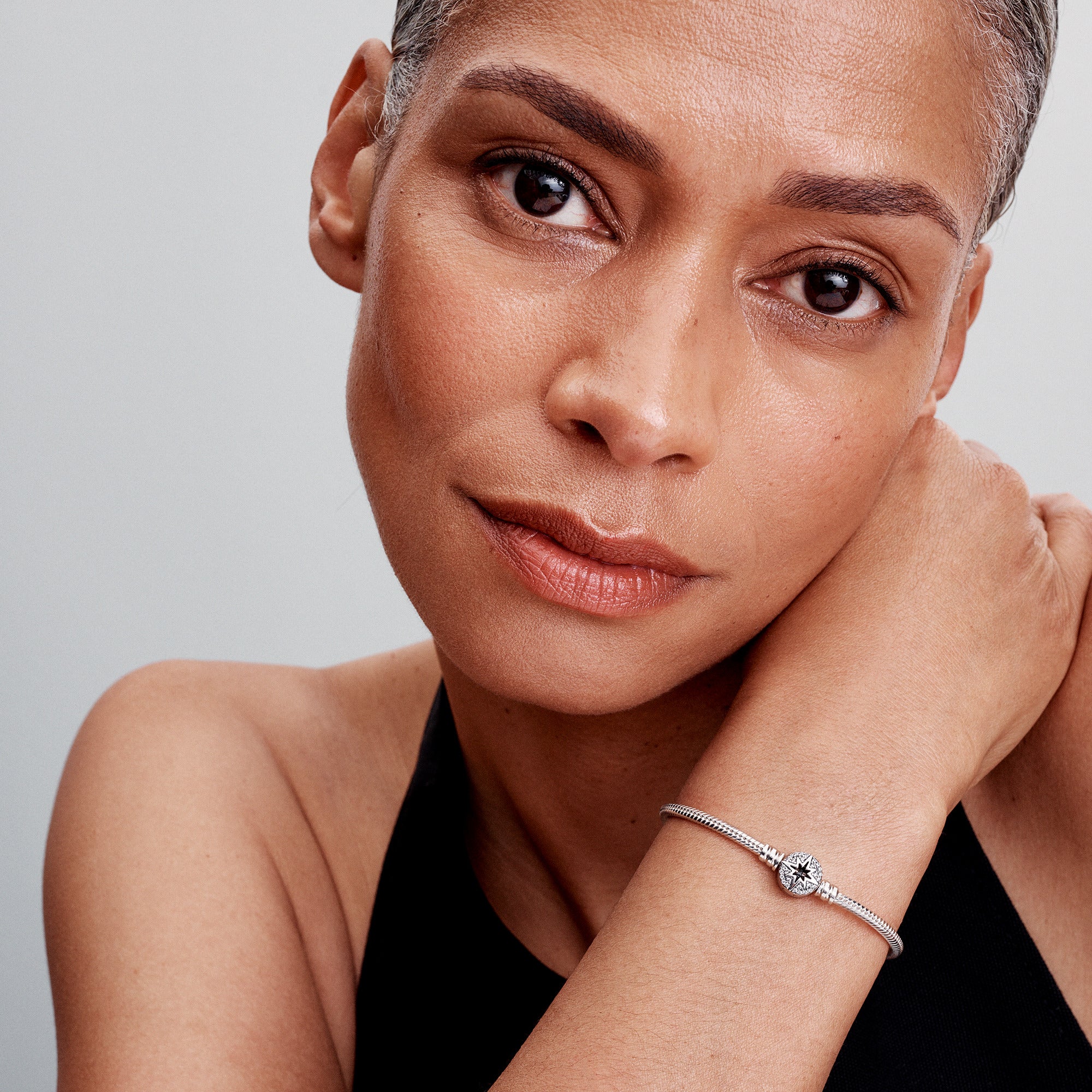 Snake Chain Sterling Silver Bracelet With North Star Clasp And Clear Cubic Zirconia