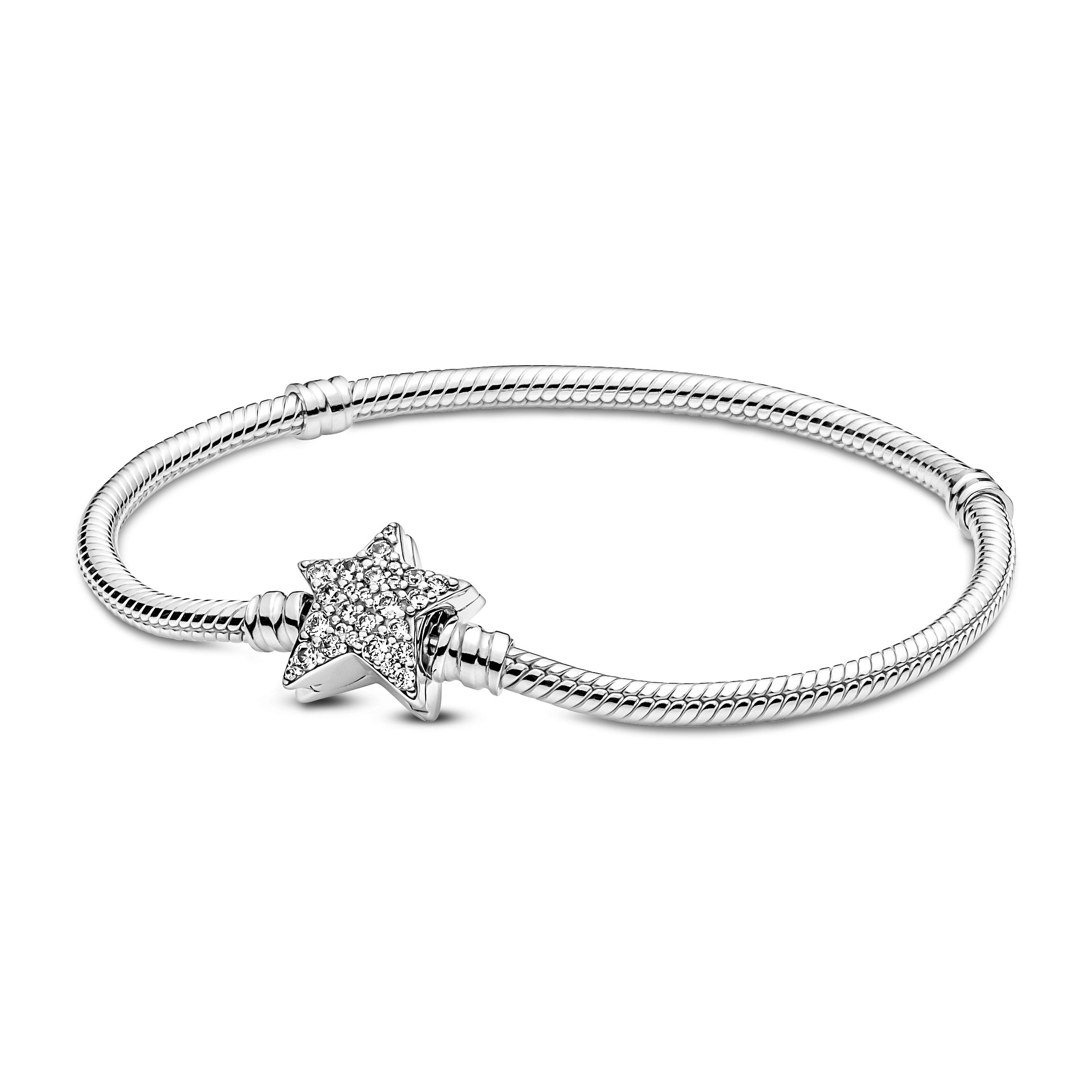 Snake Chain Sterling Silver Bracelet With Star Clasp And Clear Cubic Zirconia