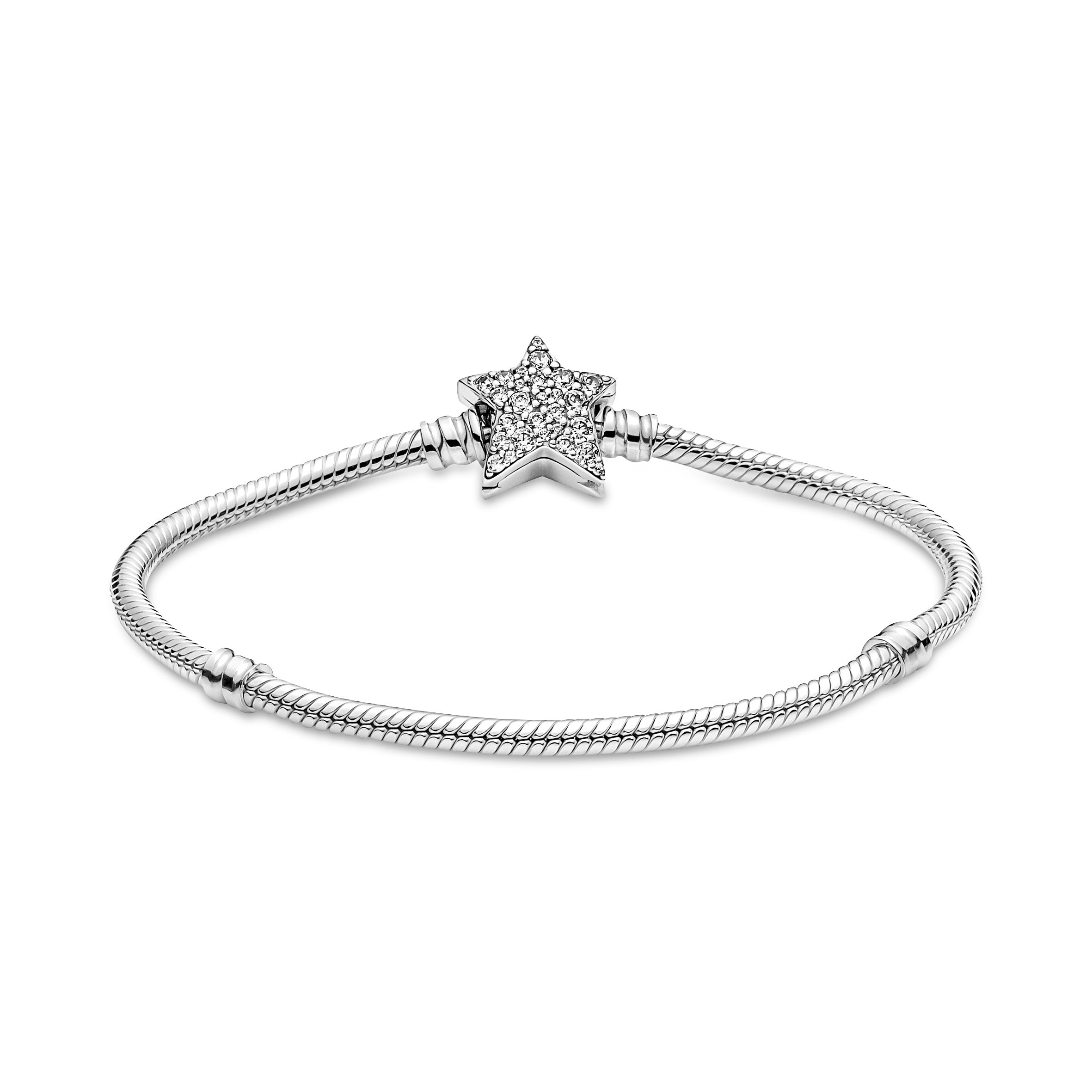 Snake Chain Sterling Silver Bracelet With Star Clasp And Clear Cubic Zirconia
