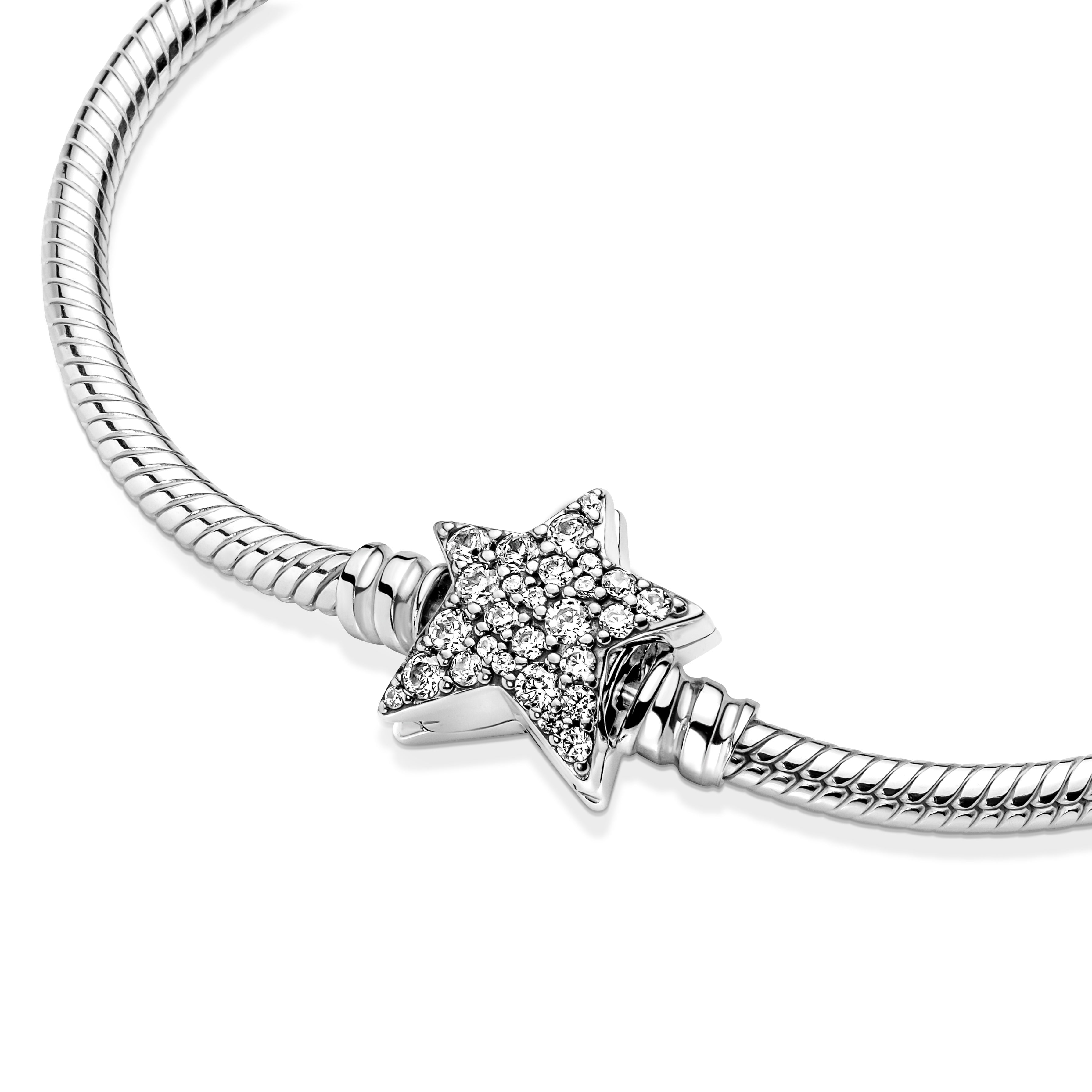 Snake Chain Sterling Silver Bracelet With Star Clasp And Clear Cubic Zirconia