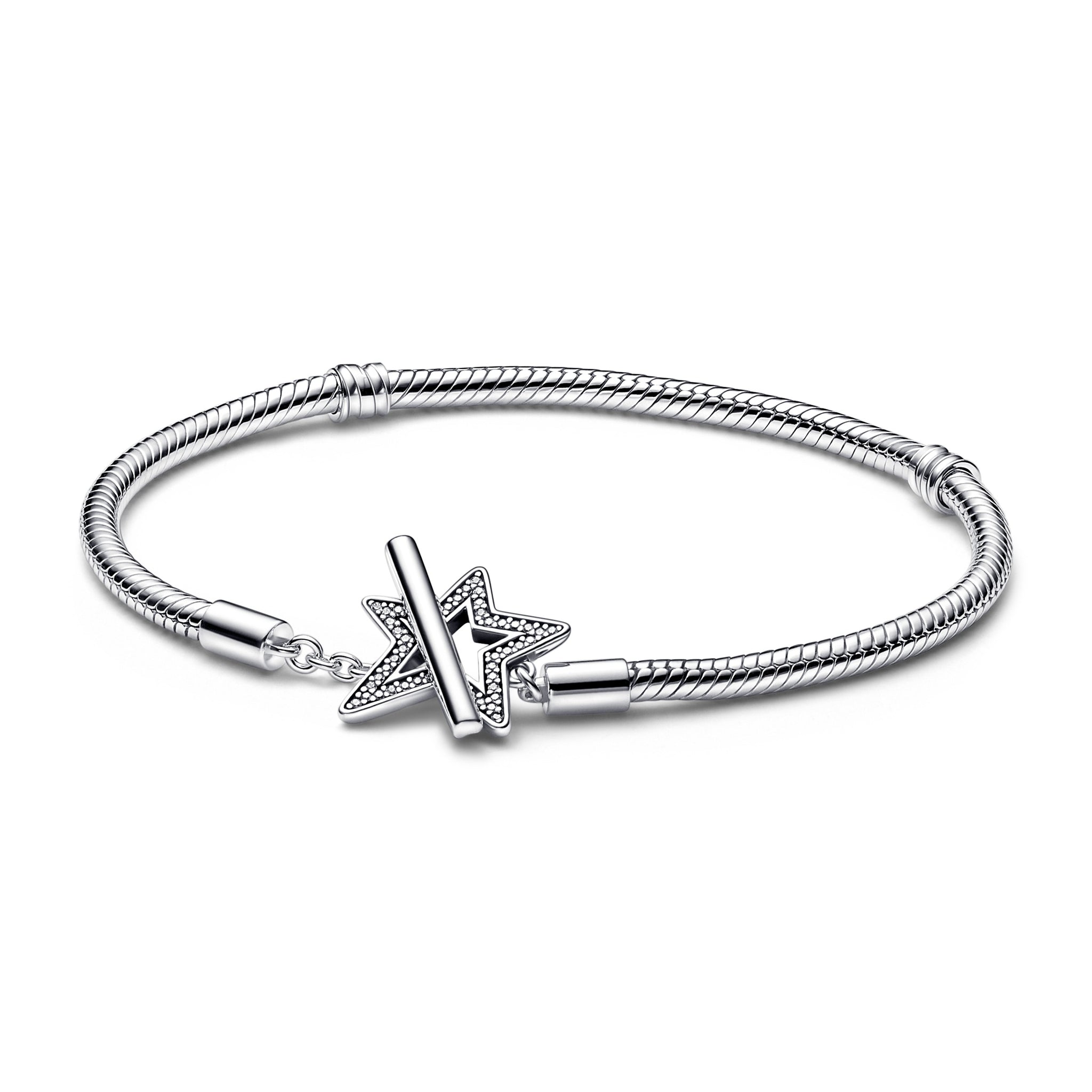 Snake Chain Sterling Silver Star Toggle Bracelet With Clear Cubic Zirconia