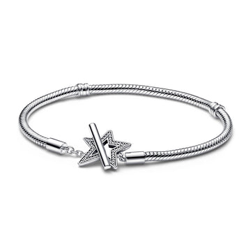 Snake Chain Sterling Silver Star Toggle Bracelet With Clear Cubic Zirconia