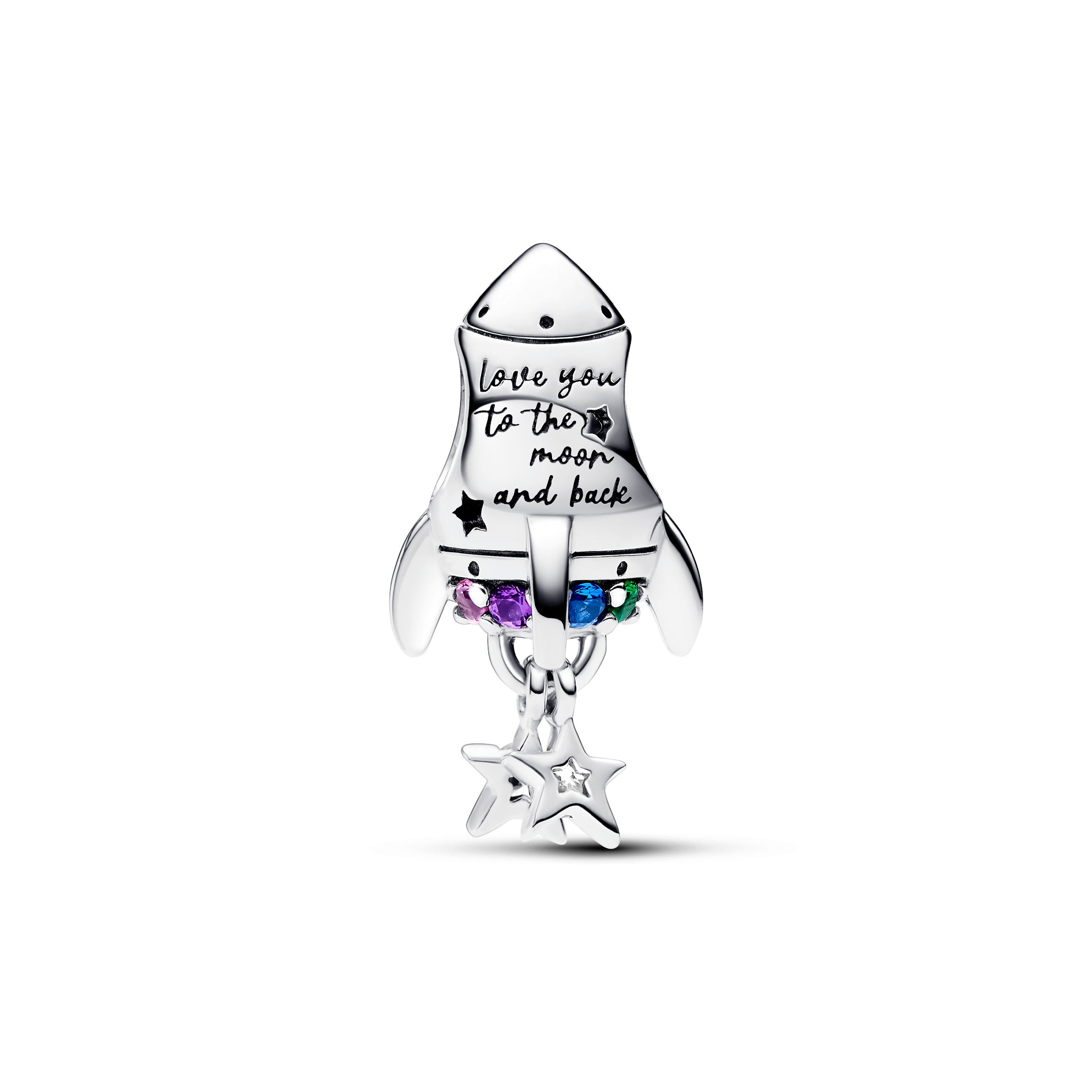 Space Rocket Sterling Silver Charm With Phlox Pink, Royal Purple, Stellar Blue And Royal Green Crystal And Clear Cubic Zirconia