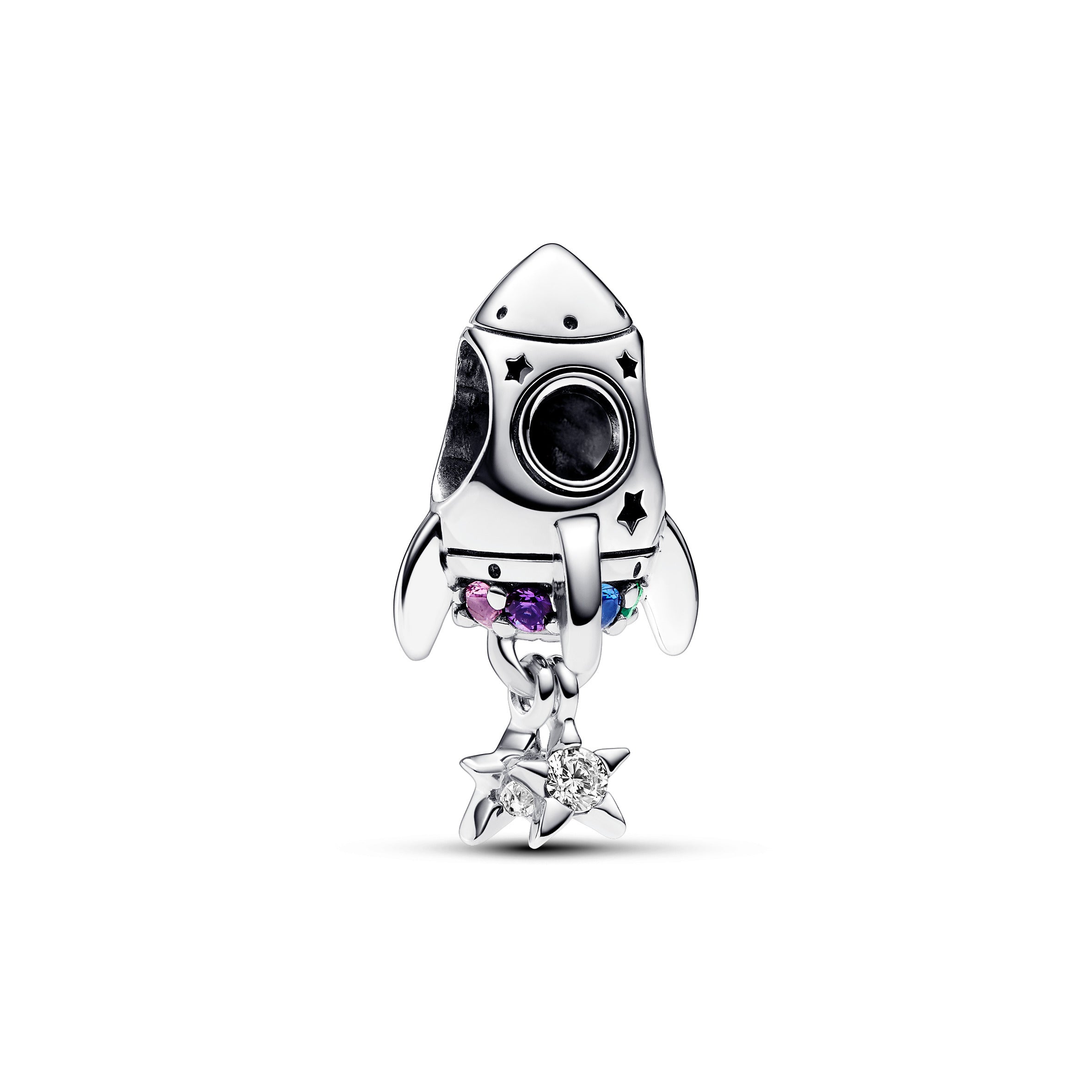 Space Rocket Sterling Silver Charm With Phlox Pink, Royal Purple, Stellar Blue And Royal Green Crystal And Clear Cubic Zirconia