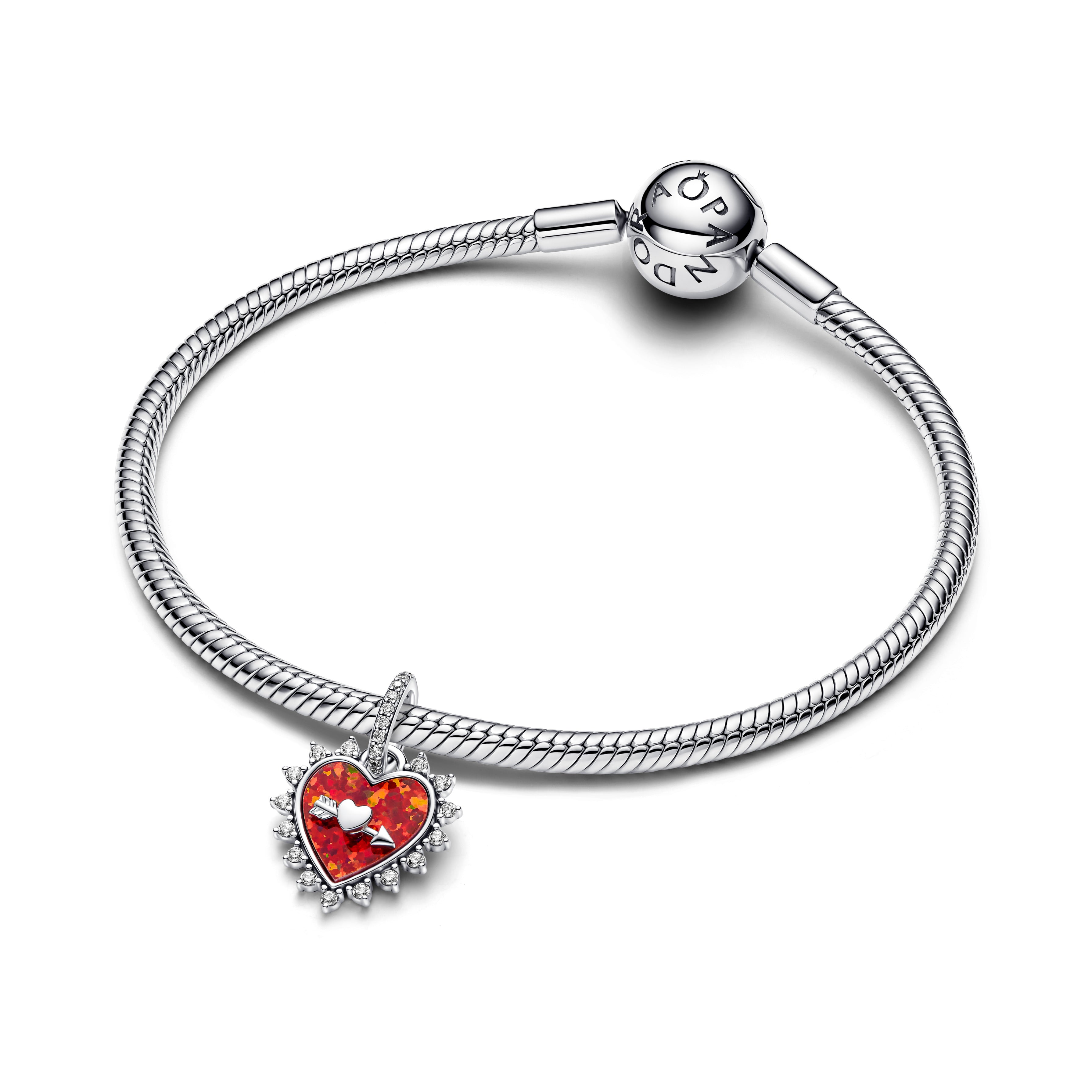 Spinnable Arrow Heart Sterling Silver Dangle With Red Lab-Created Opal And Clear Cubic Zirconia