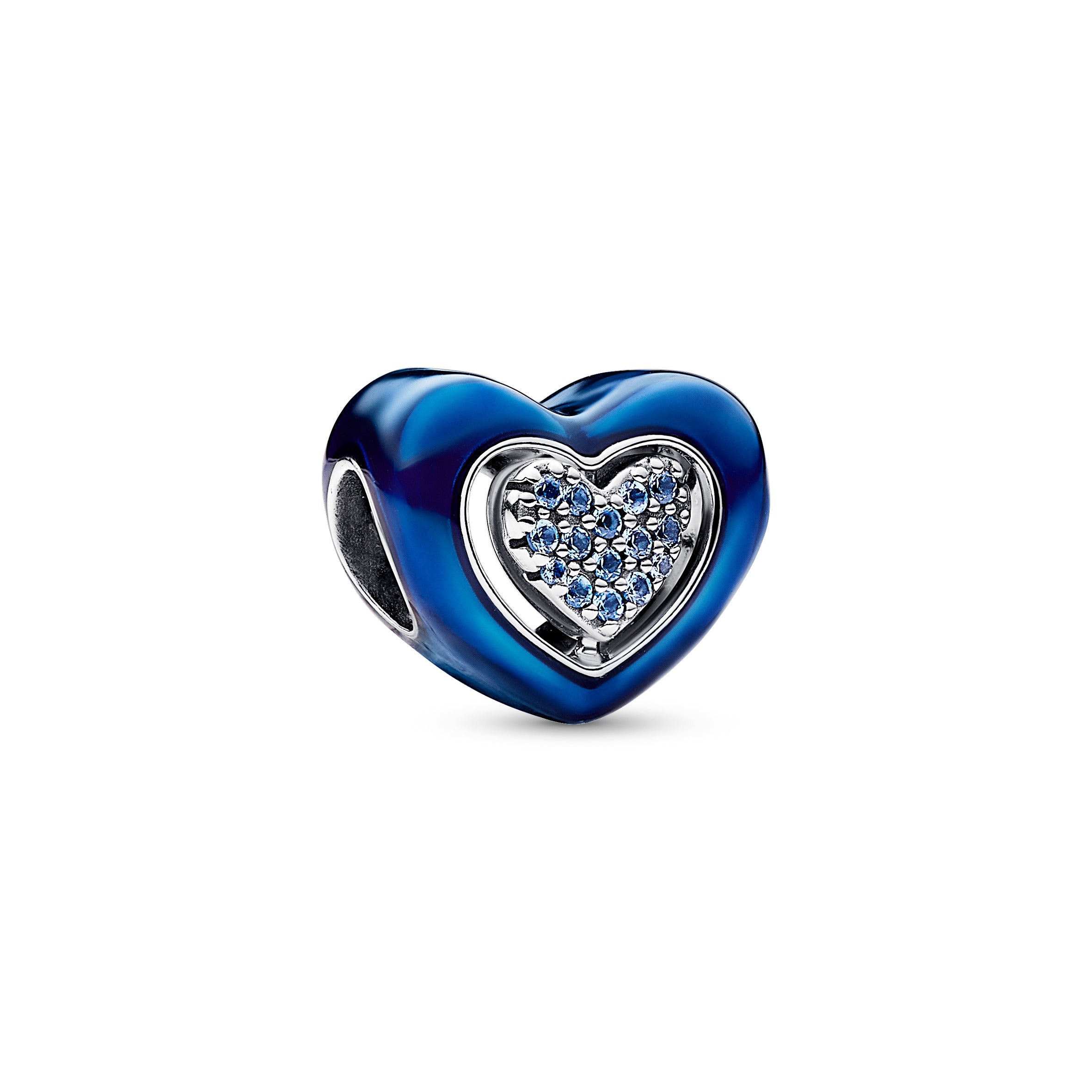 Spinning Heart Sterling Silver Charm With Night Blue Crystal And Transparent Blue Enamel