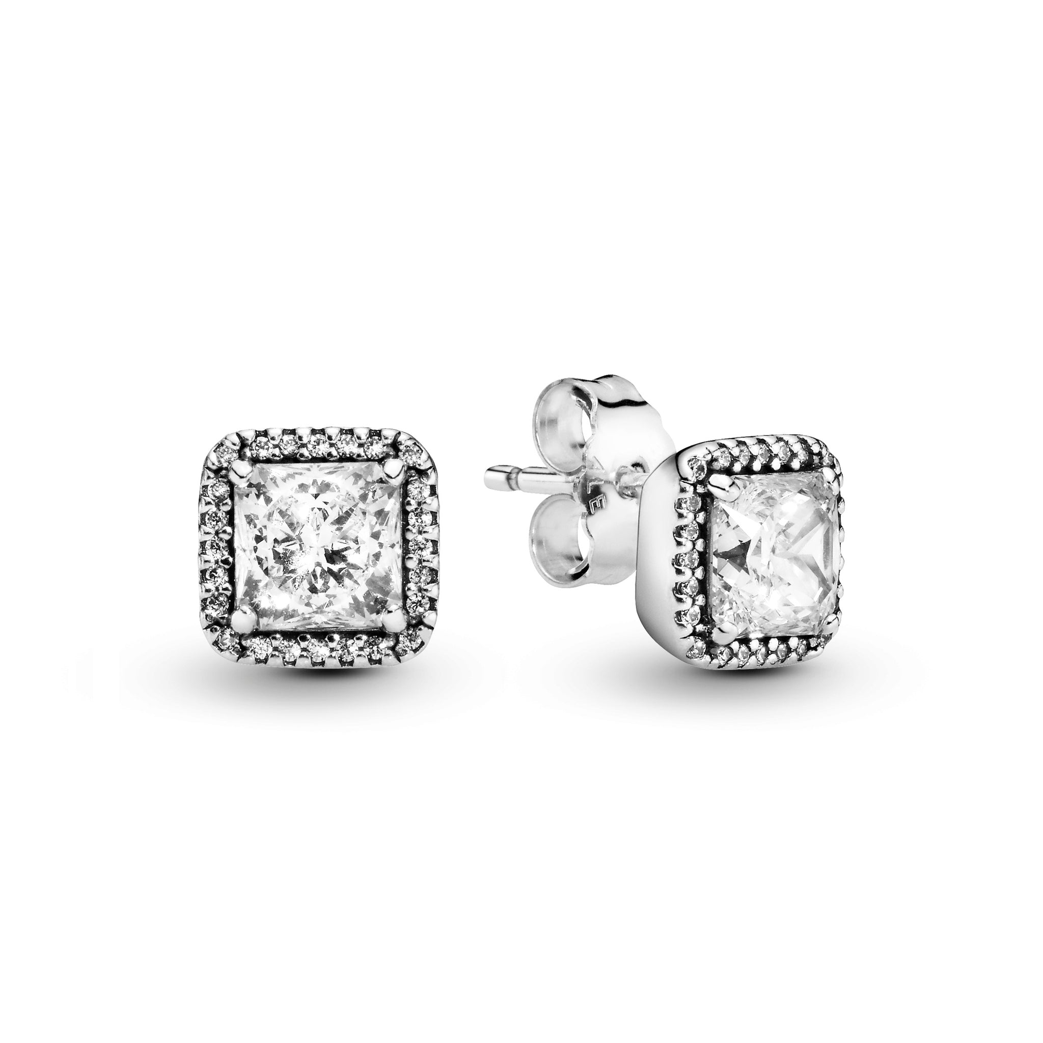 Square Silver Stud Earrings With Clear Cubic Zirconia