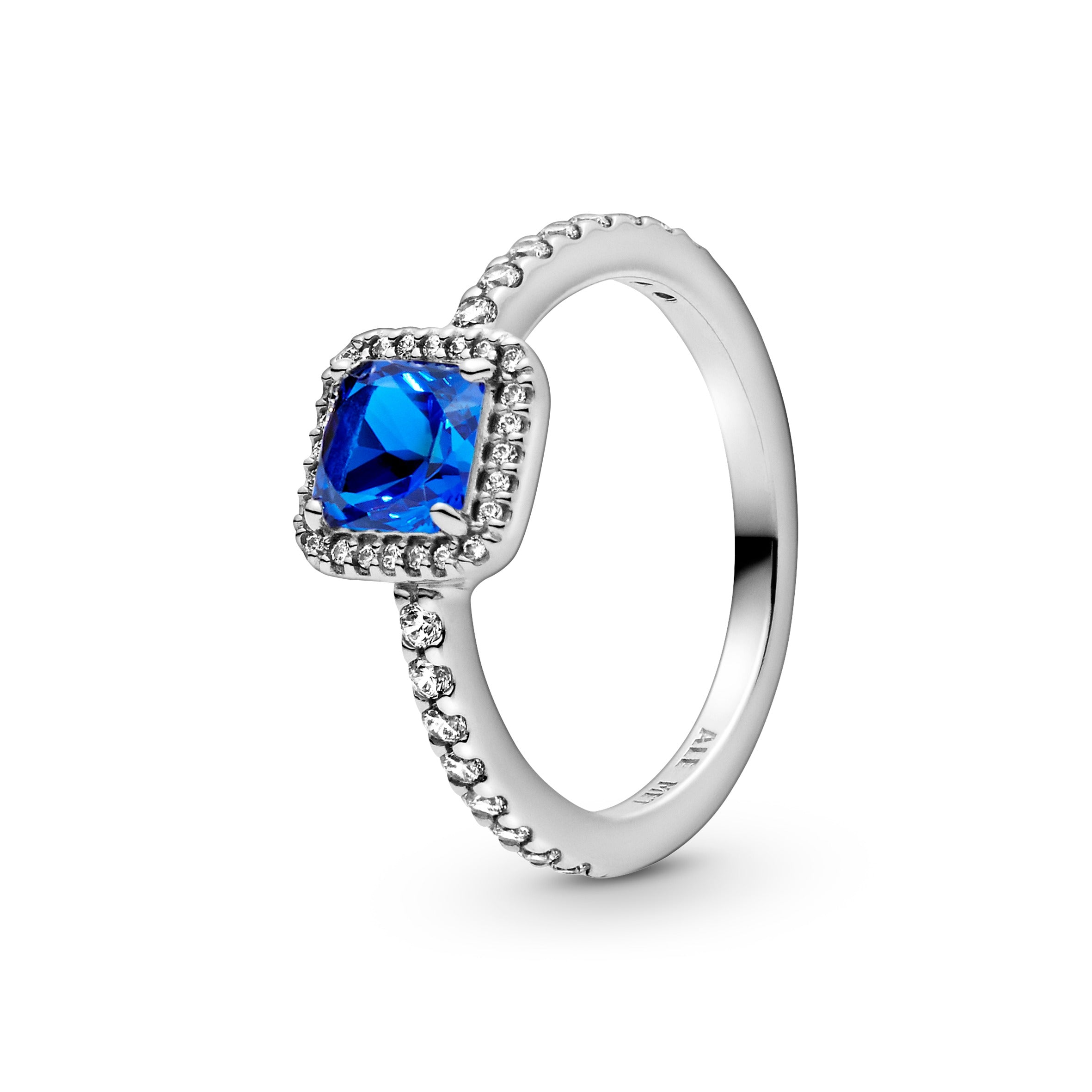 Square Sterling Silver Ring With True Blue Crystal And Clear Cubic Zirconia