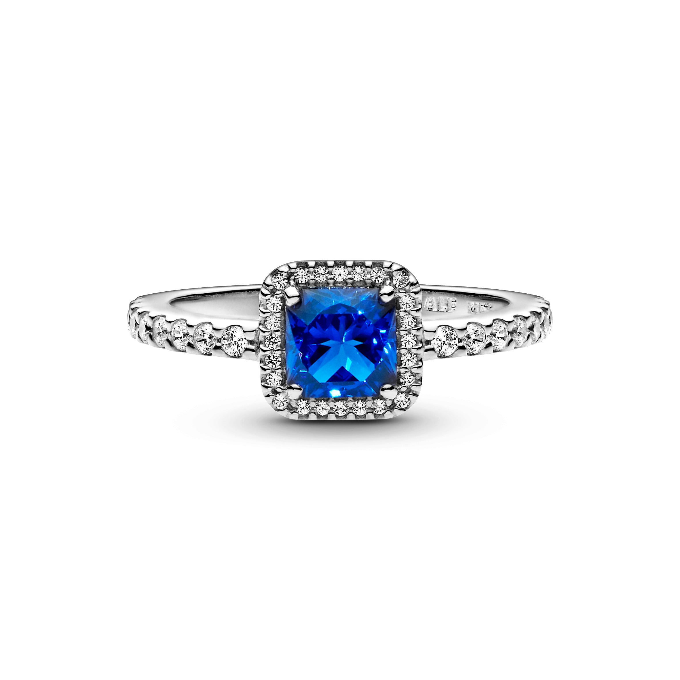 Square Sterling Silver Ring With True Blue Crystal And Clear Cubic Zirconia