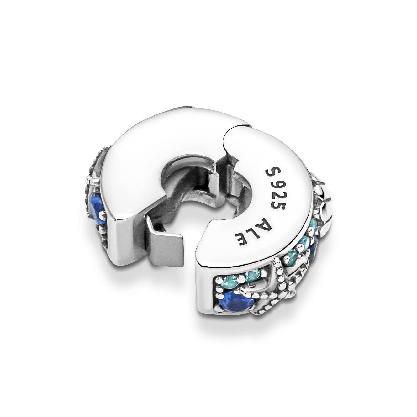 Starfish And Shell Sterling Silver Clip With Icy Green, Bleached Aqua Blue, Stellar Blue Crystal And Silicone Grip