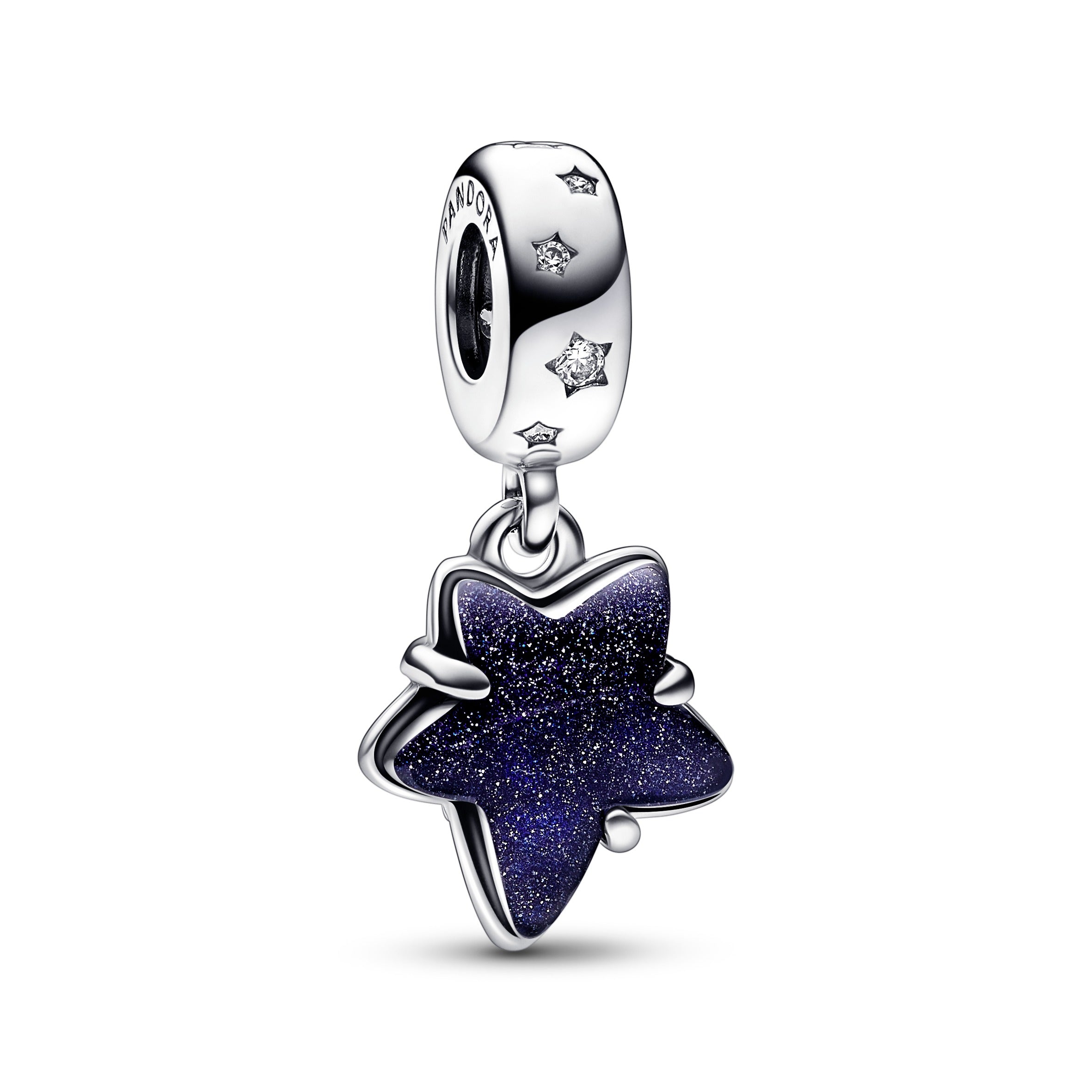 Star Sterling Silver Dangle With Clear Cubic Zirconia And Aventurine Blue Murano Glass