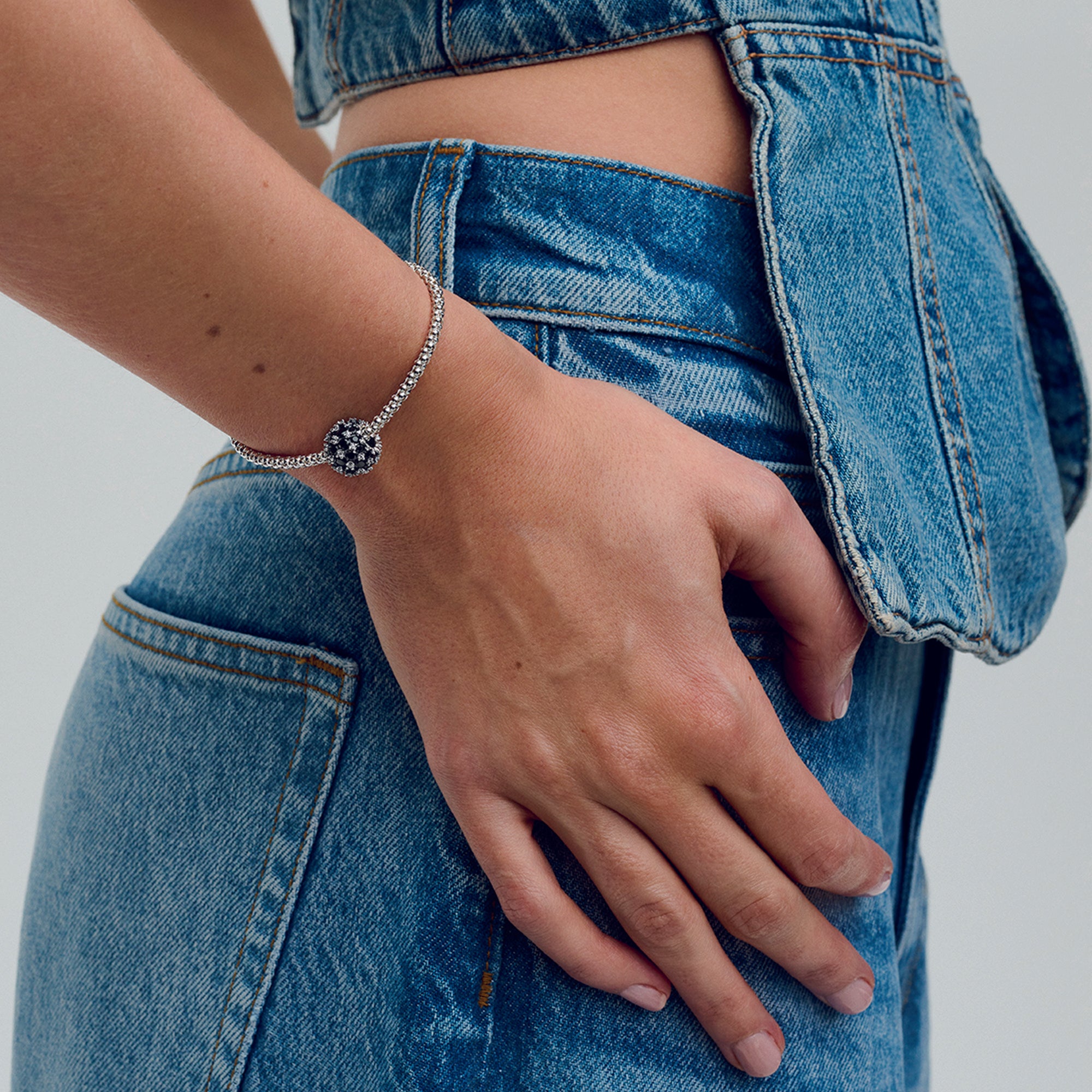 Sterling Silver Charm With Black Crystal And Clear Cubic Zirconia