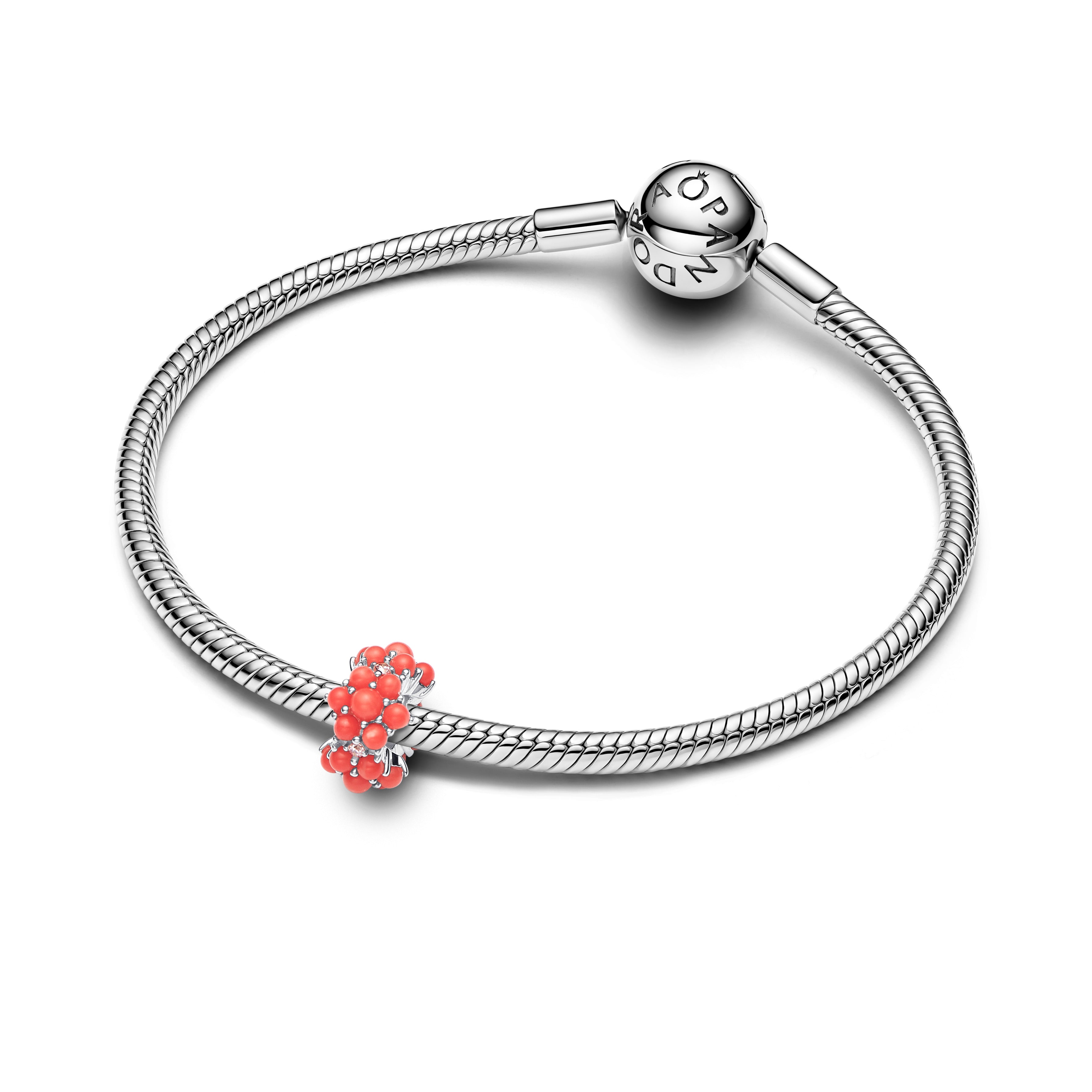 Sterling Silver Charm With Clear Cubic Zirconia And Imitation Coral