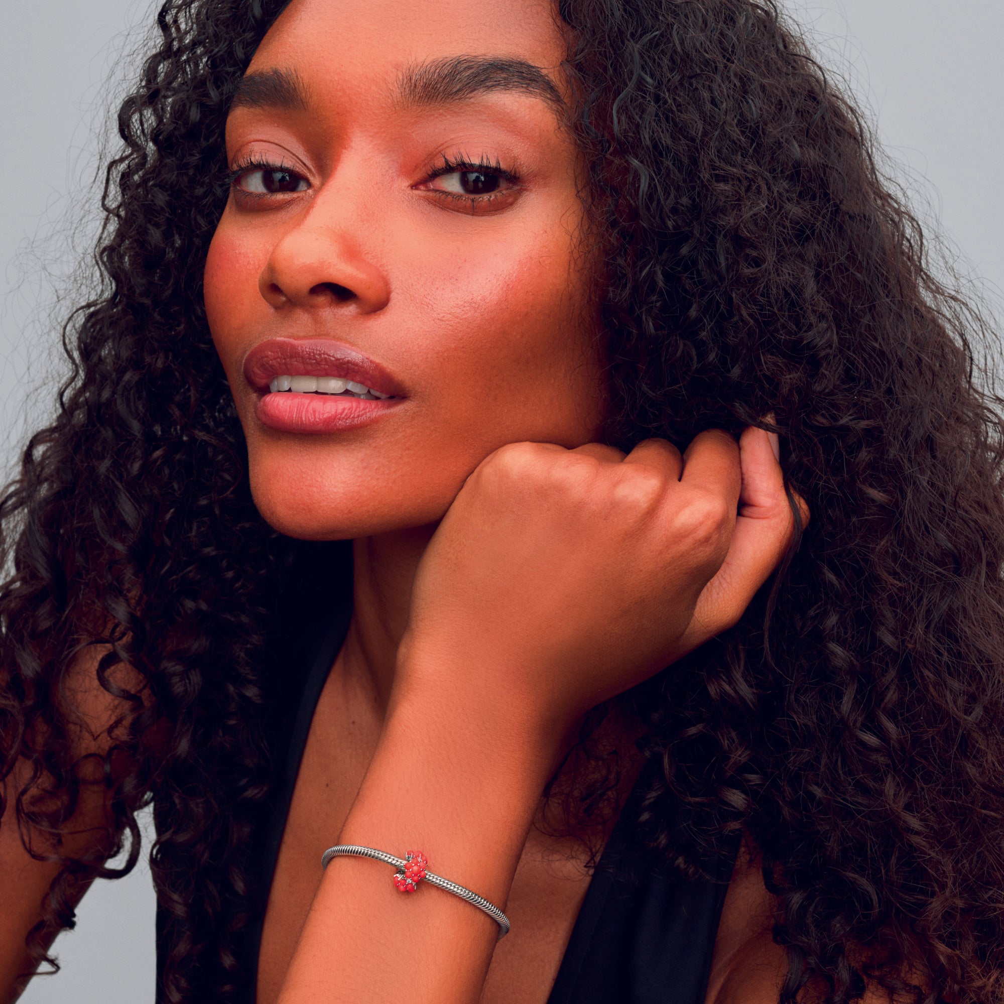 Sterling Silver Charm With Clear Cubic Zirconia And Imitation Coral