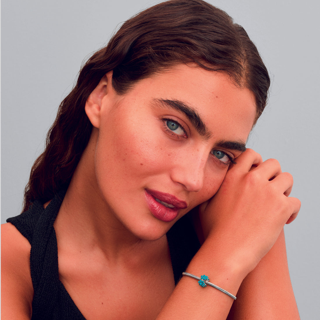 Sterling Silver Charm With Clear Cubic Zirconia And Imitation Turquoise