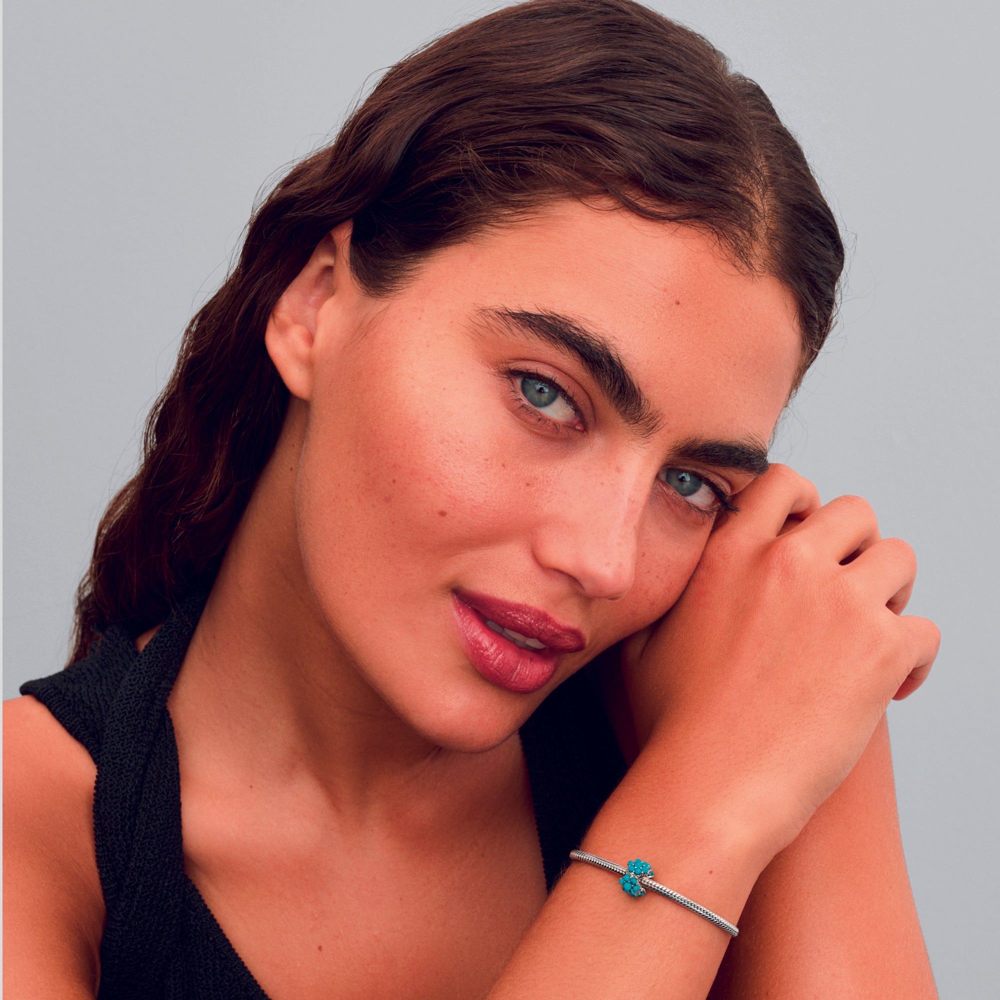 Sterling Silver Charm With Clear Cubic Zirconia And Imitation Turquoise