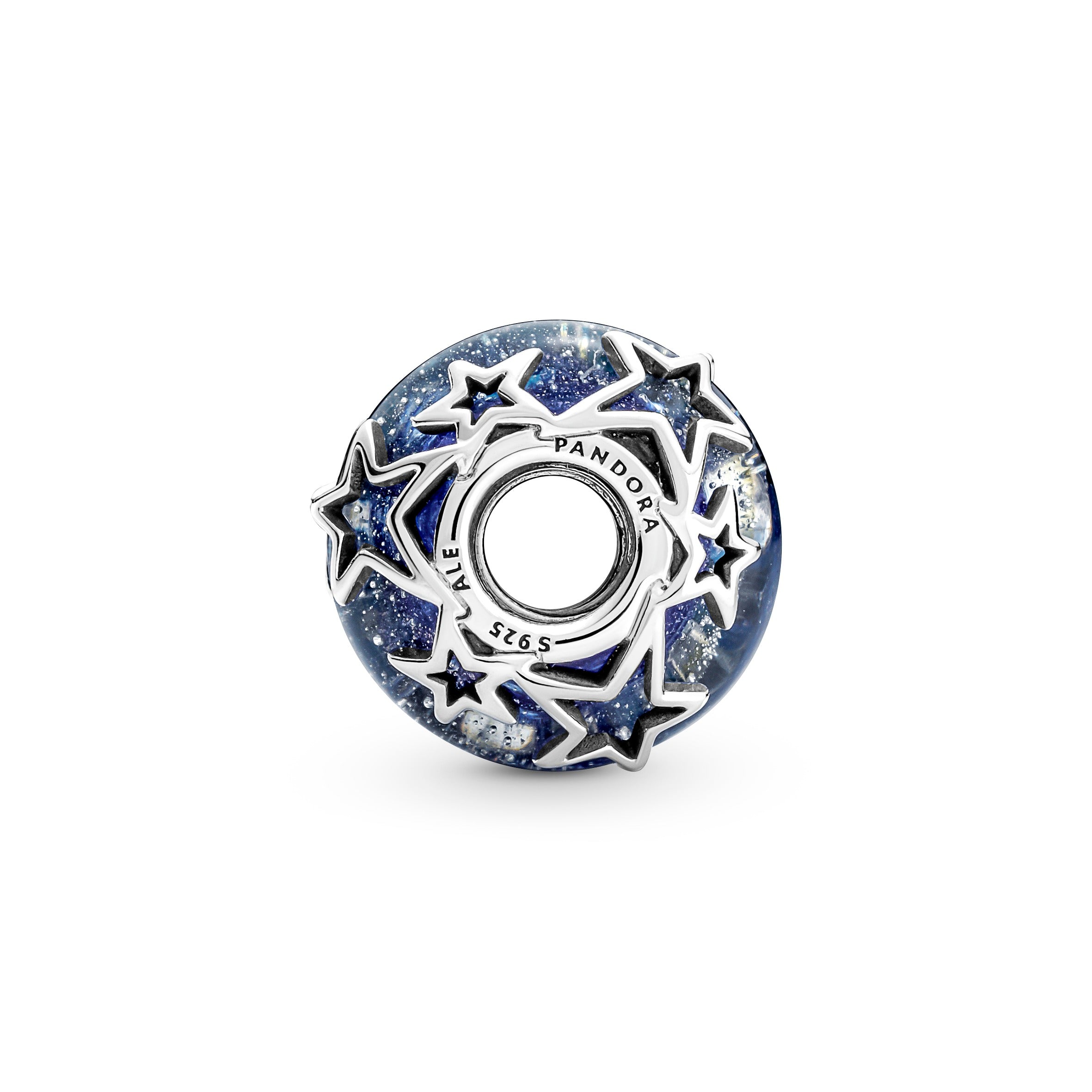 Sterling Silver Charm With Galaxy Glittery Blue Murano Glass