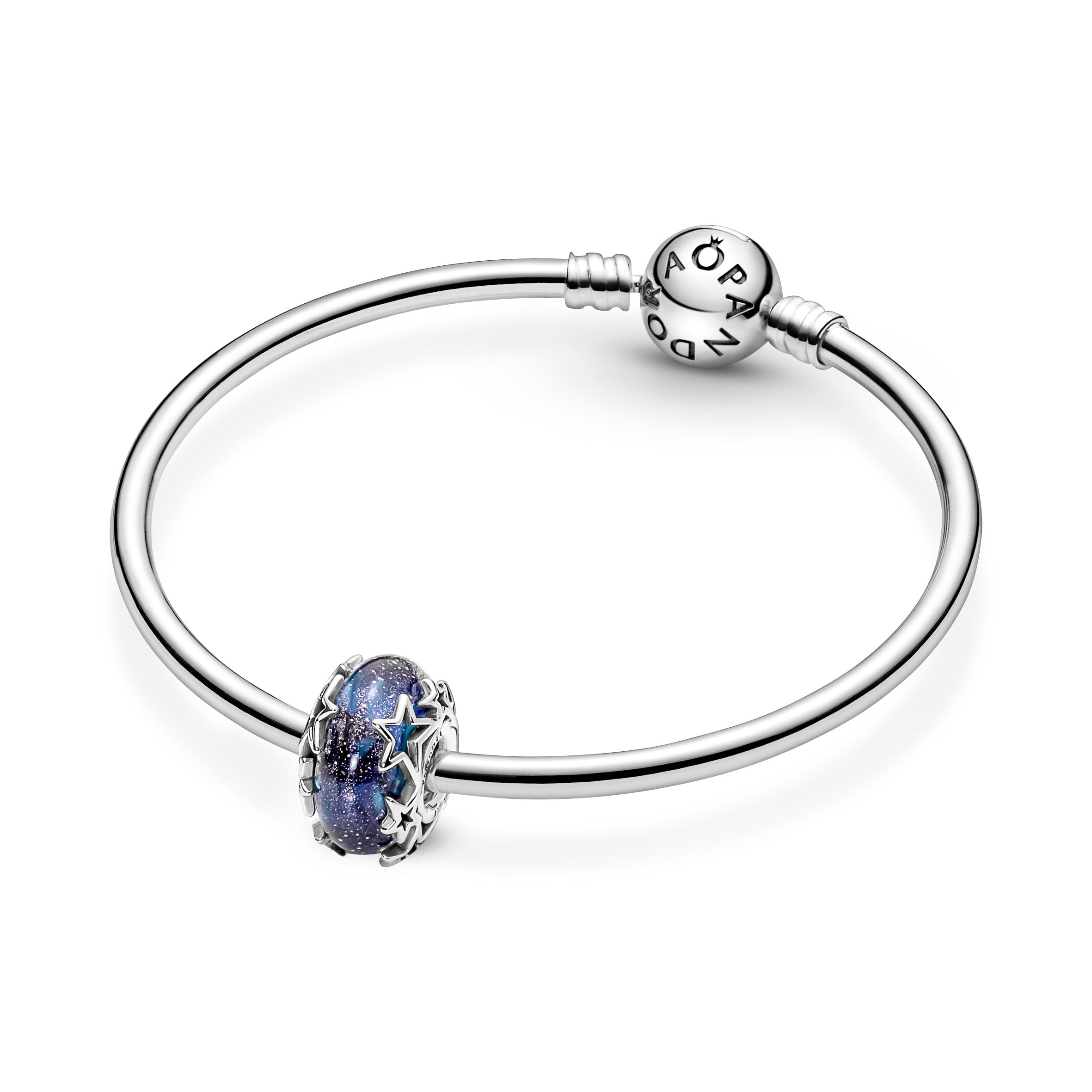 Sterling Silver Charm With Galaxy Glittery Blue Murano Glass