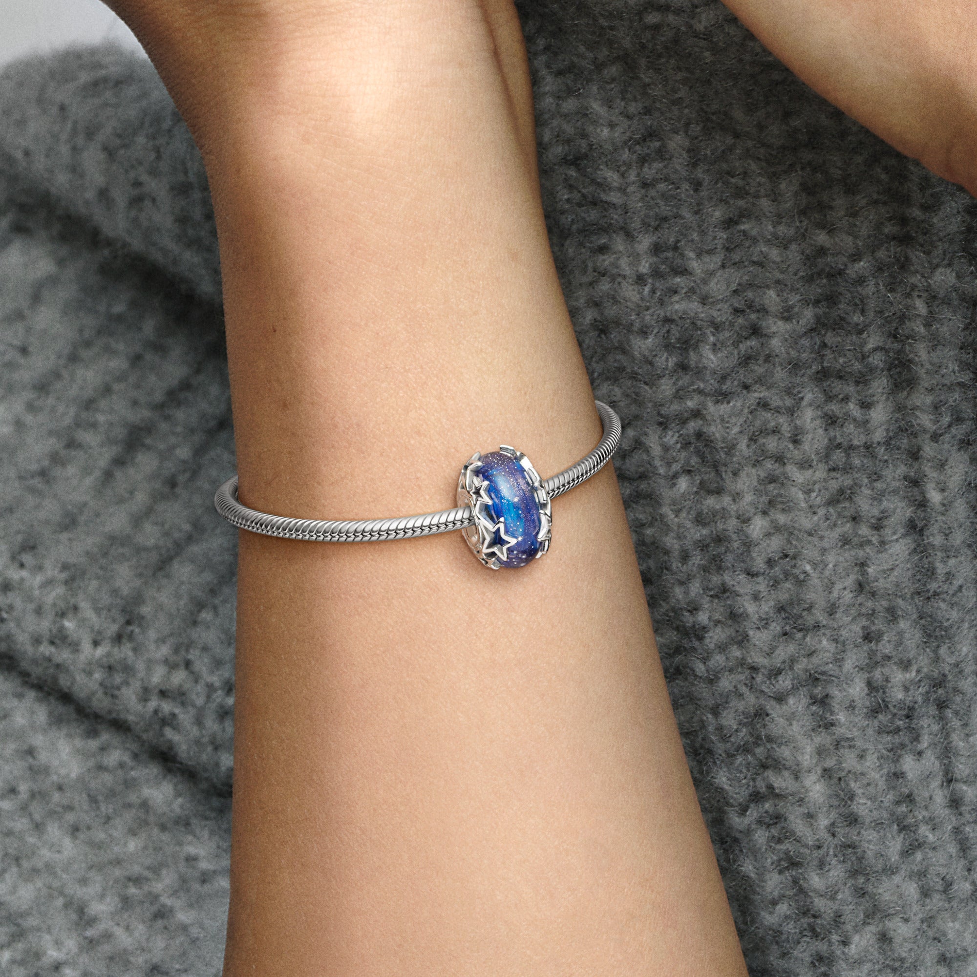 Sterling Silver Charm With Galaxy Glittery Blue Murano Glass