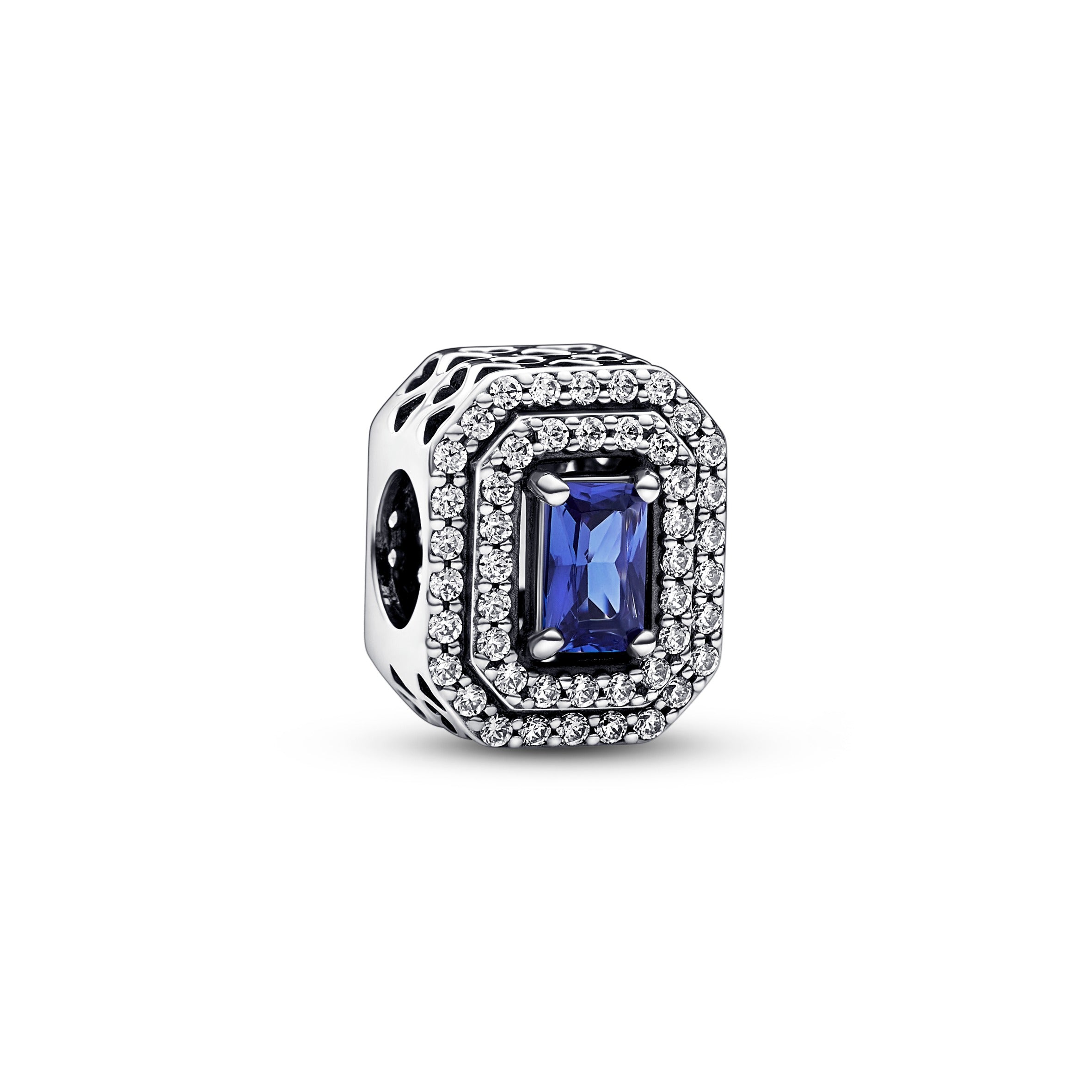 Sterling Silver Charm With Princess Blue Crystal And Clear Cubic Zirconia