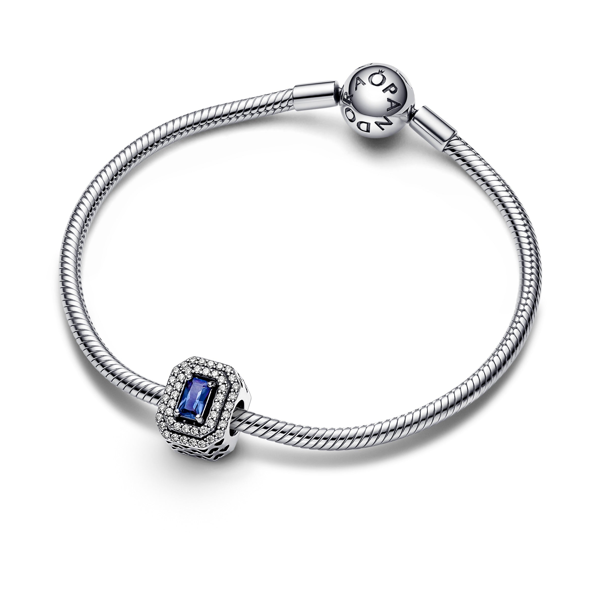 Sterling Silver Charm With Princess Blue Crystal And Clear Cubic Zirconia