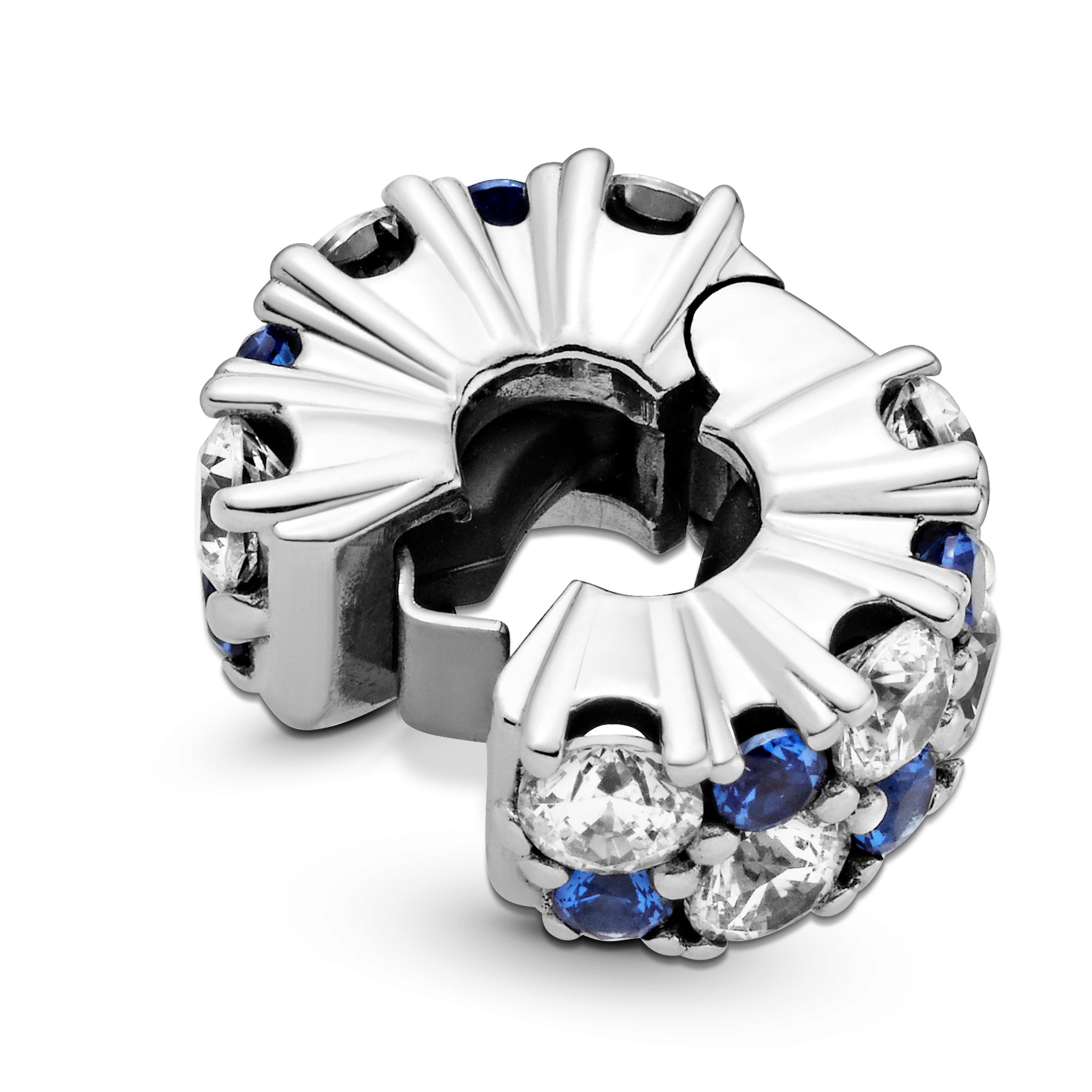 Sterling Silver Clip With Clear Cubic Zirconia And Stellar Blue Crystal And Silicone Grip