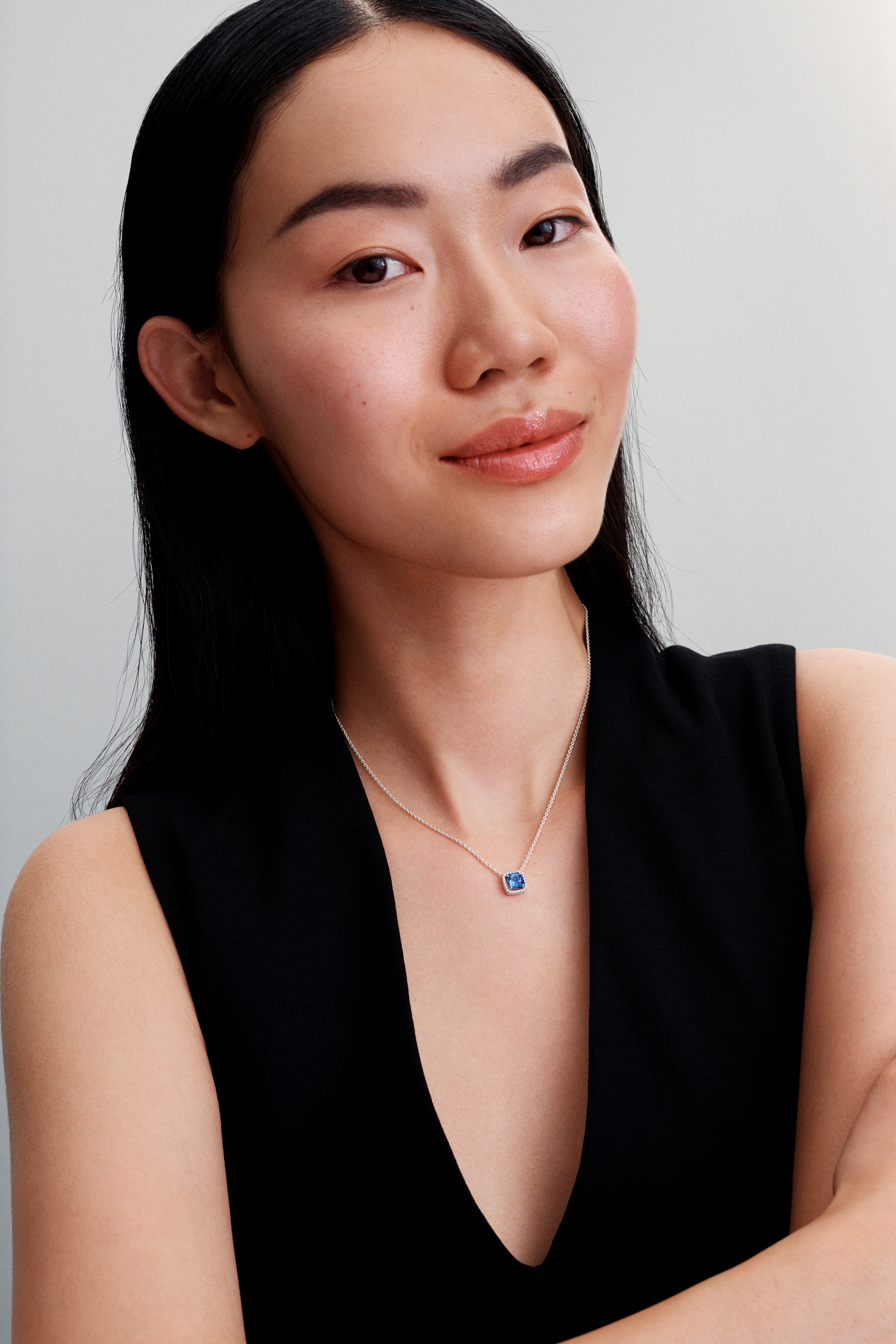 Sterling Silver Collier With Cornflower Blue Crystal And Clear Cubic Zirconia