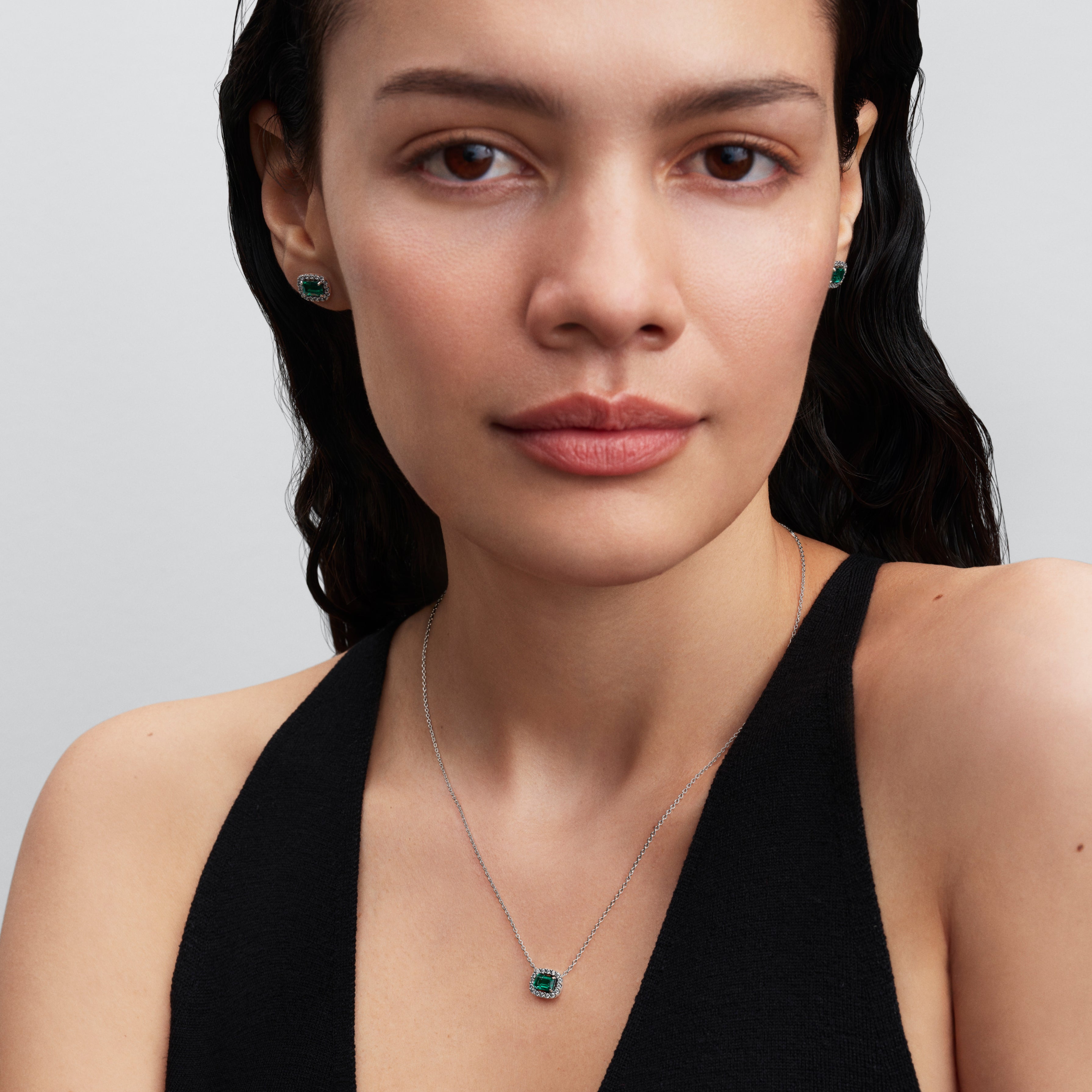 Sterling Silver Collier With Royal Green Crystal And Clear Cubic Zirconia