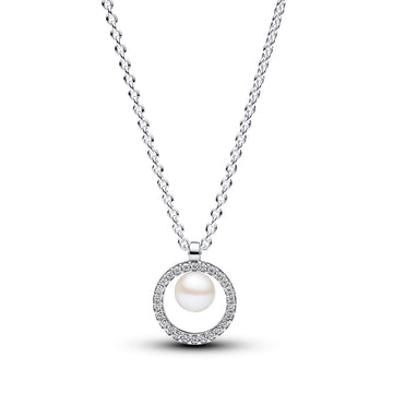 Sterling Silver Collier With White Treated Freshwater Cultured Pearl And Clear Cubic Zirconia