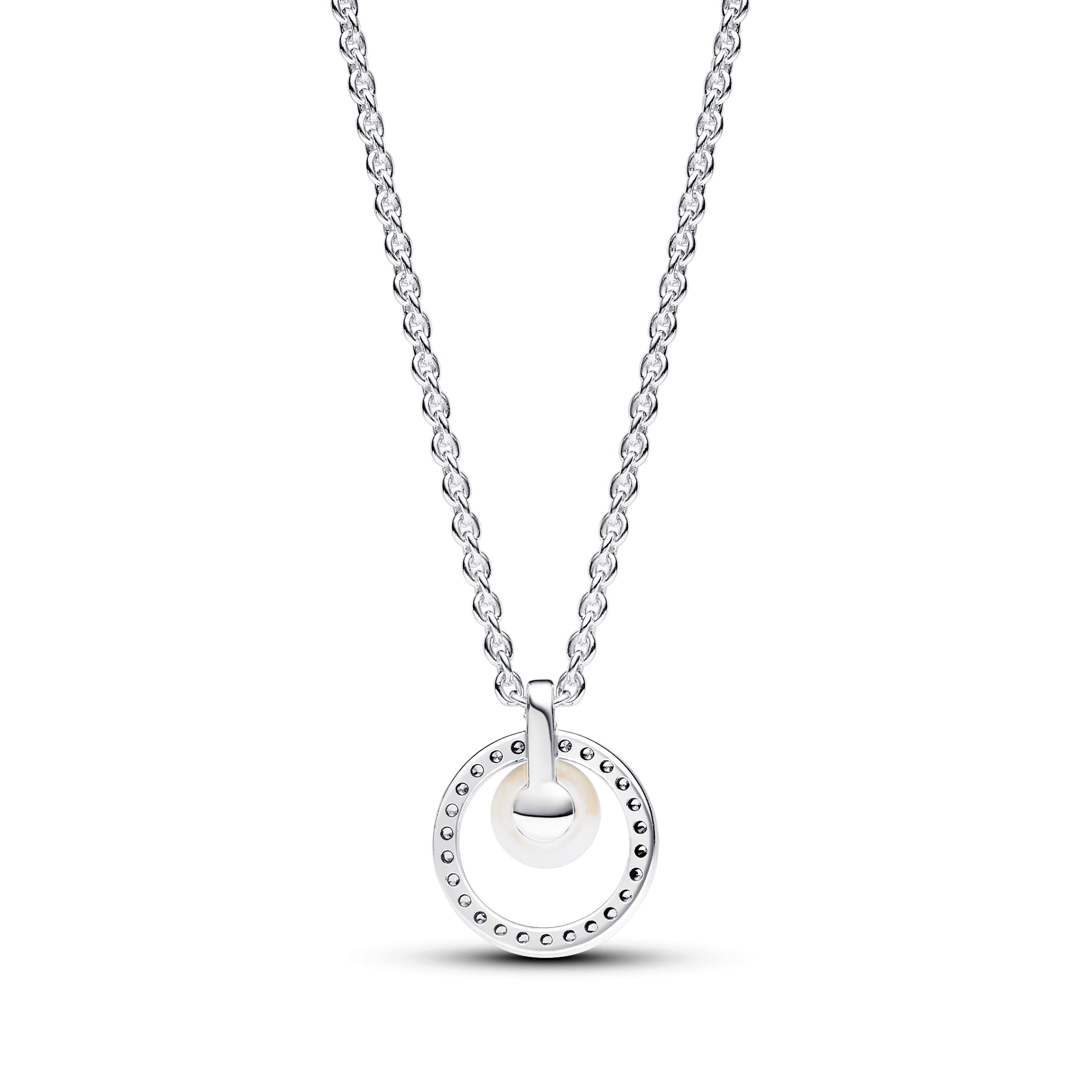 Sterling Silver Collier With White Treated Freshwater Cultured Pearl And Clear Cubic Zirconia