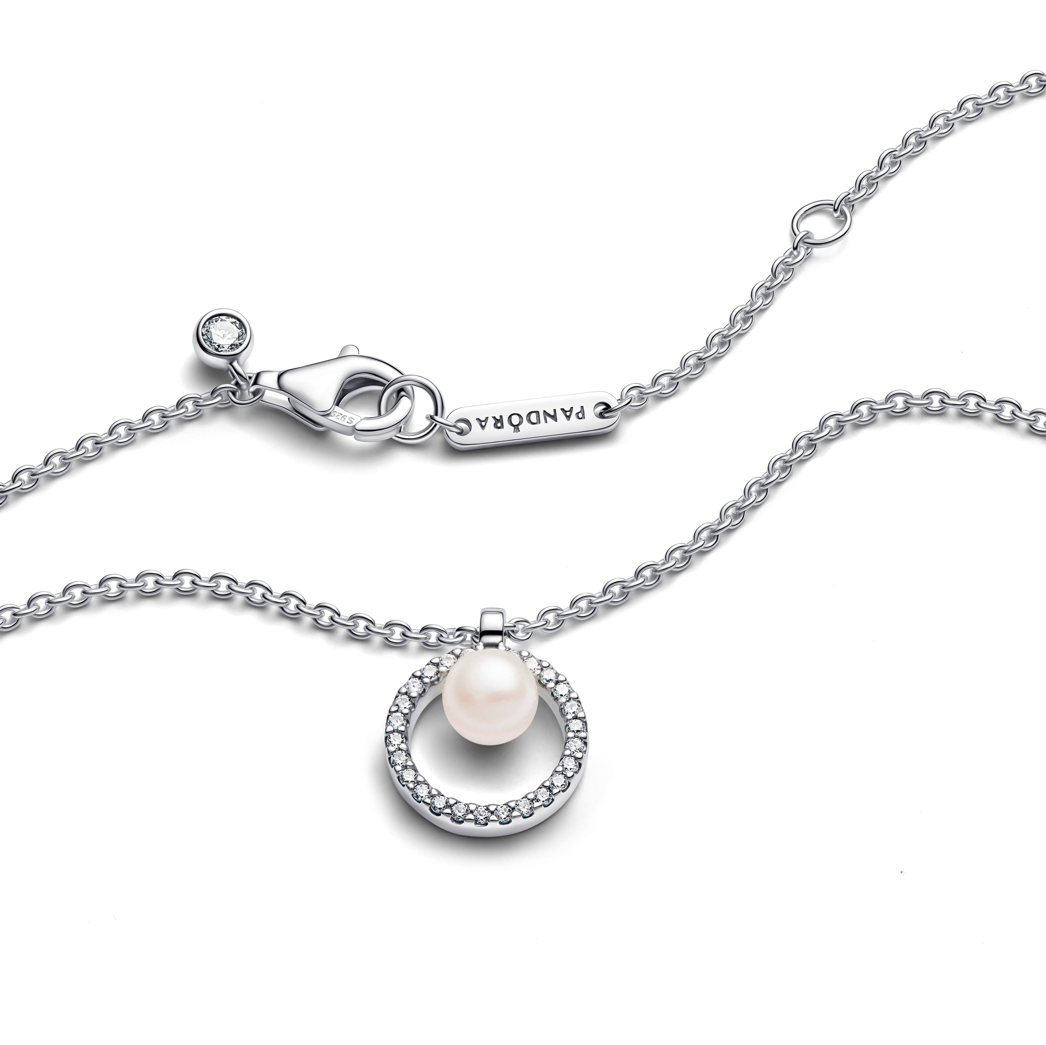 Sterling Silver Collier With White Treated Freshwater Cultured Pearl And Clear Cubic Zirconia