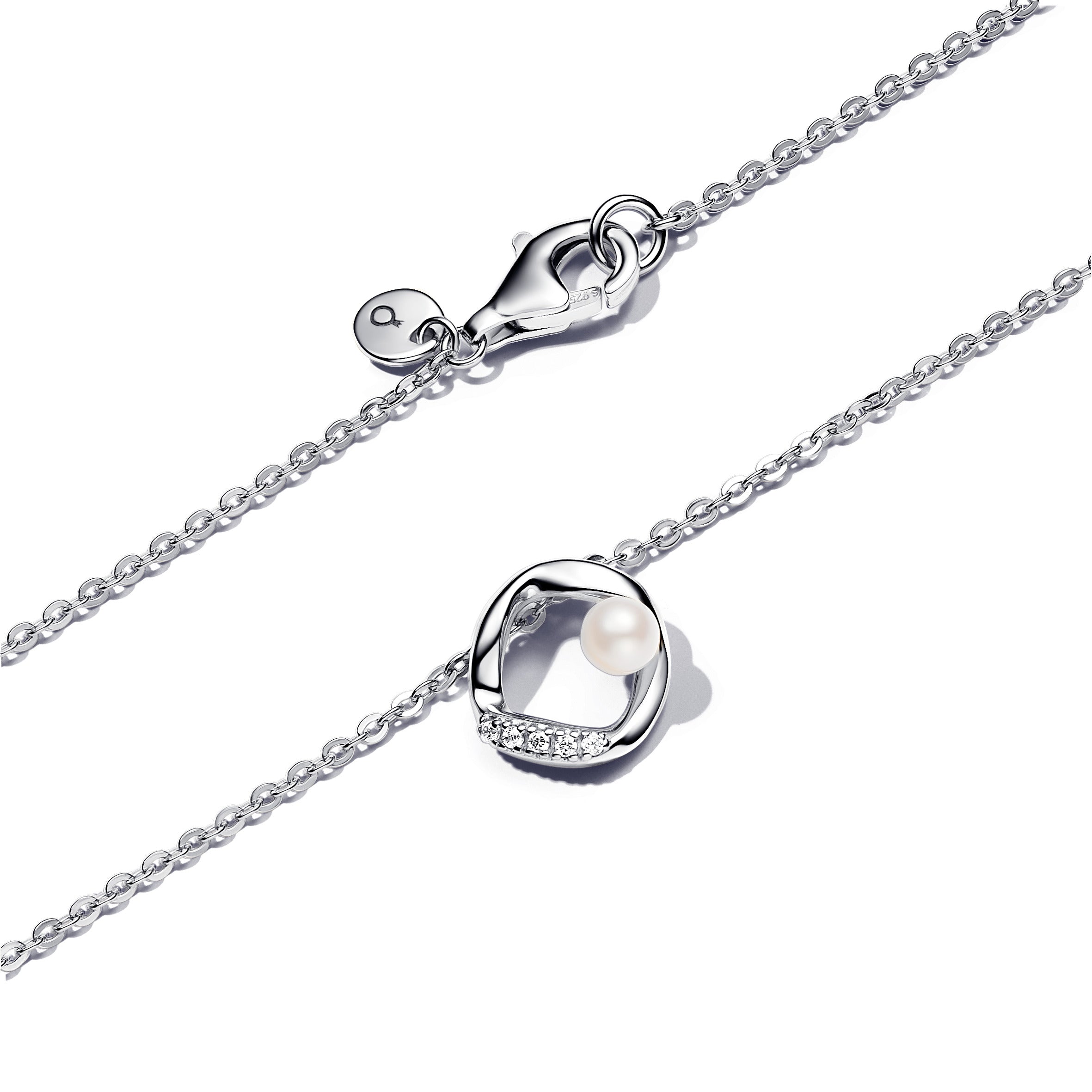 Sterling Silver Collier With White Treated Freshwater Cultured Pearl And Clear Cubic Zirconia