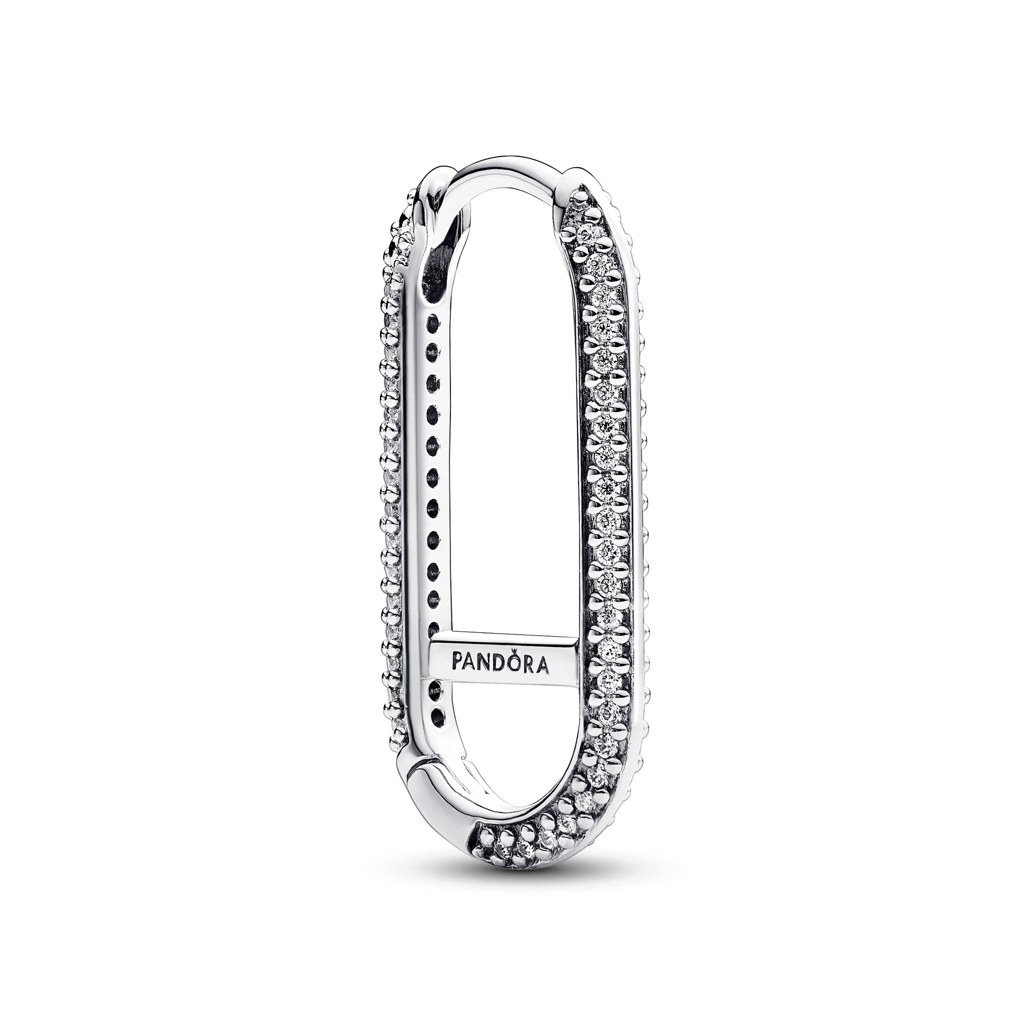 Sterling Silver Elongated Hoop Link Earring With Clear Cubic Zirconia