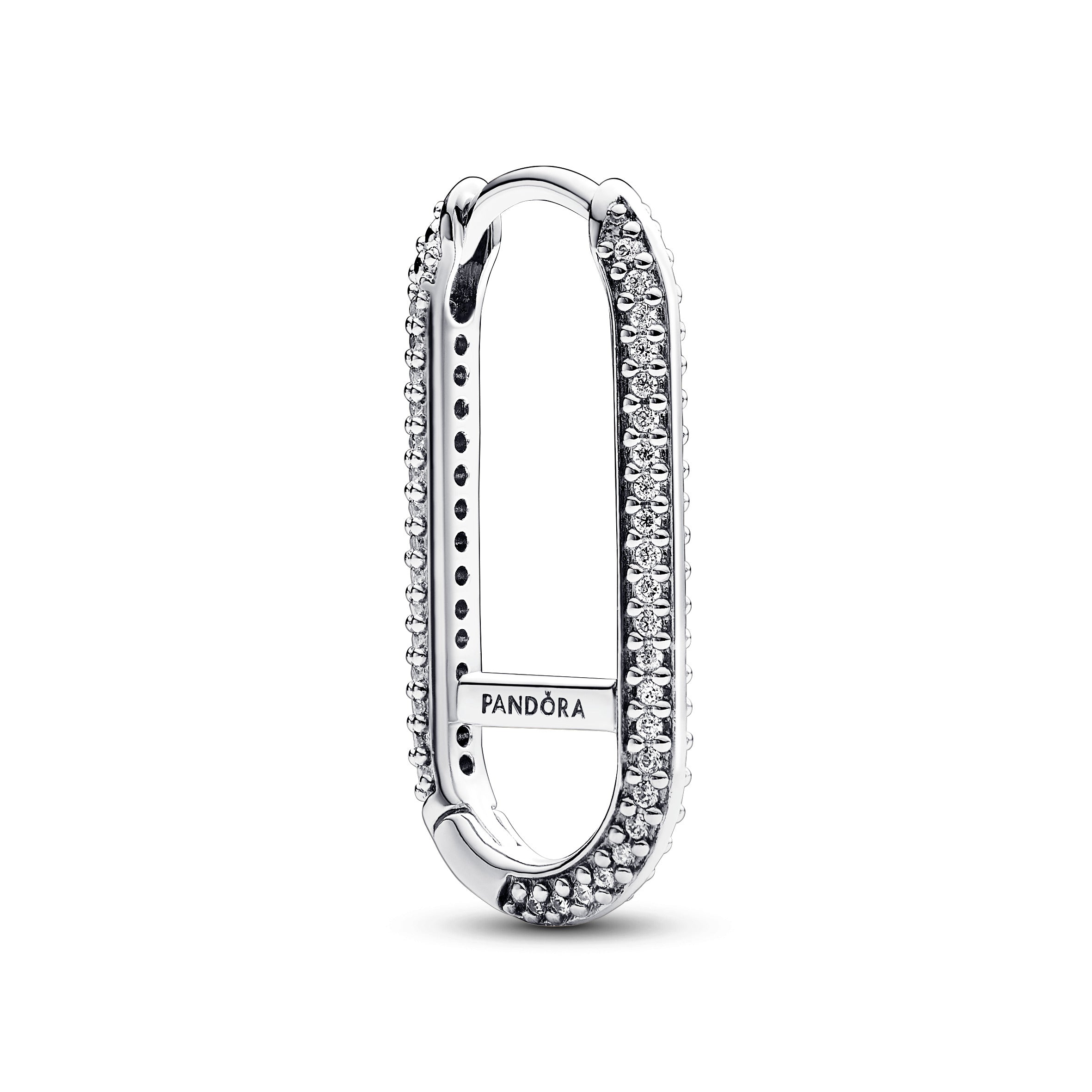 Sterling Silver Elongated Hoop Link Earring With Clear Cubic Zirconia