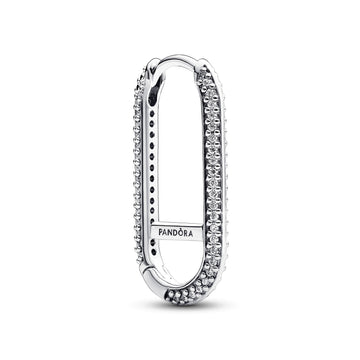 Sterling Silver Elongated Hoop Link Earring With Clear Cubic Zirconia