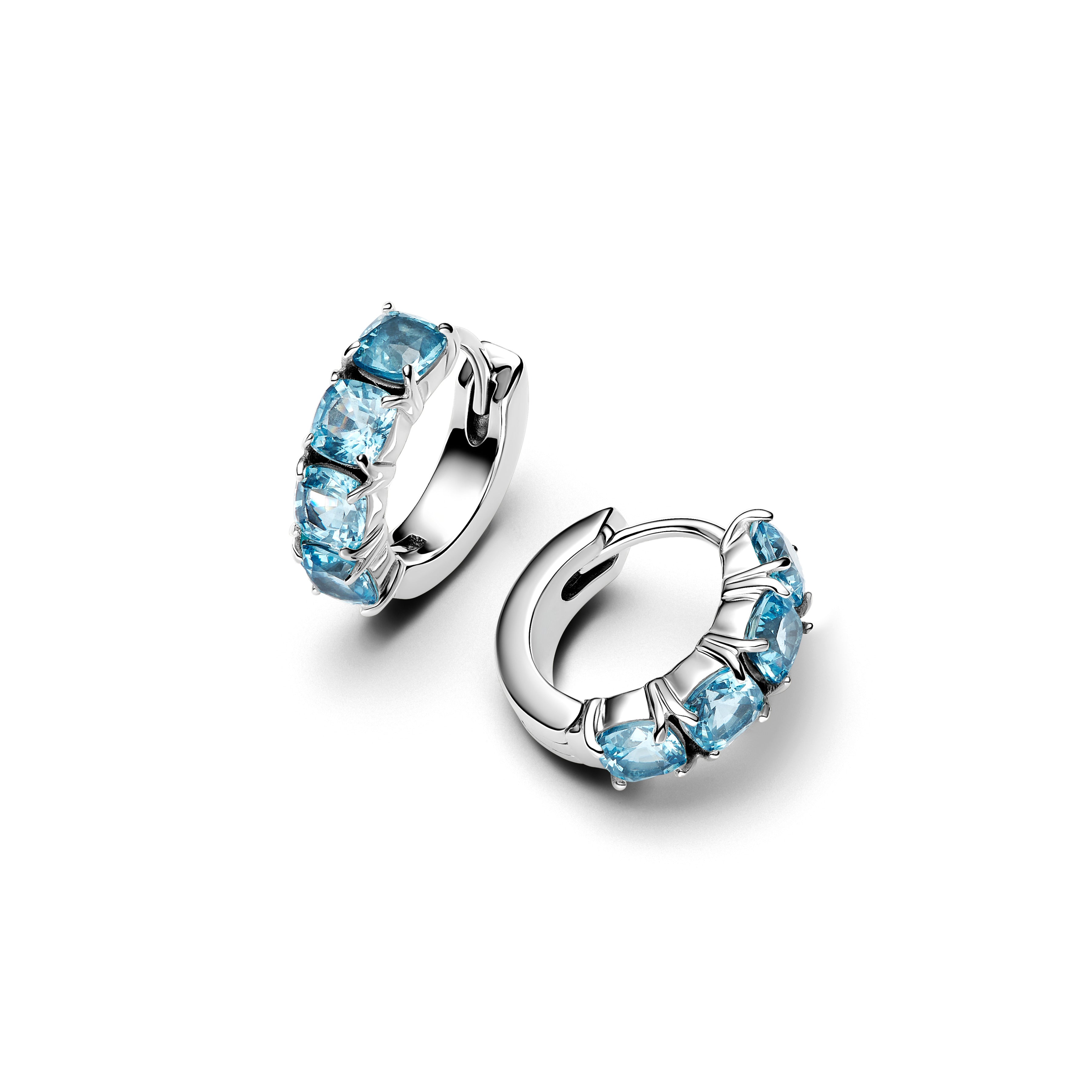 Sterling Silver Hoop Earrings With Aquamarine Blue Crystal