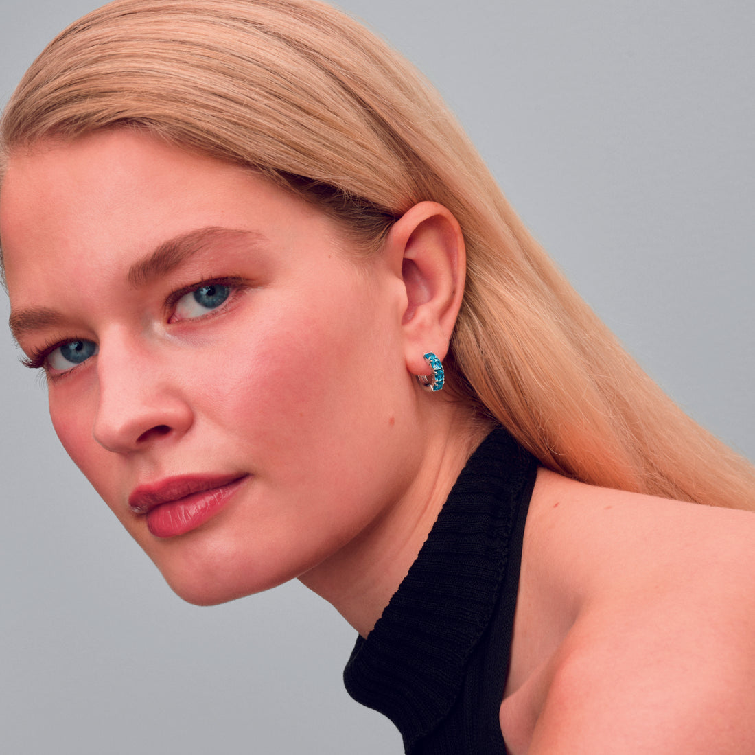 Sterling Silver Hoop Earrings With Aquamarine Blue Crystal