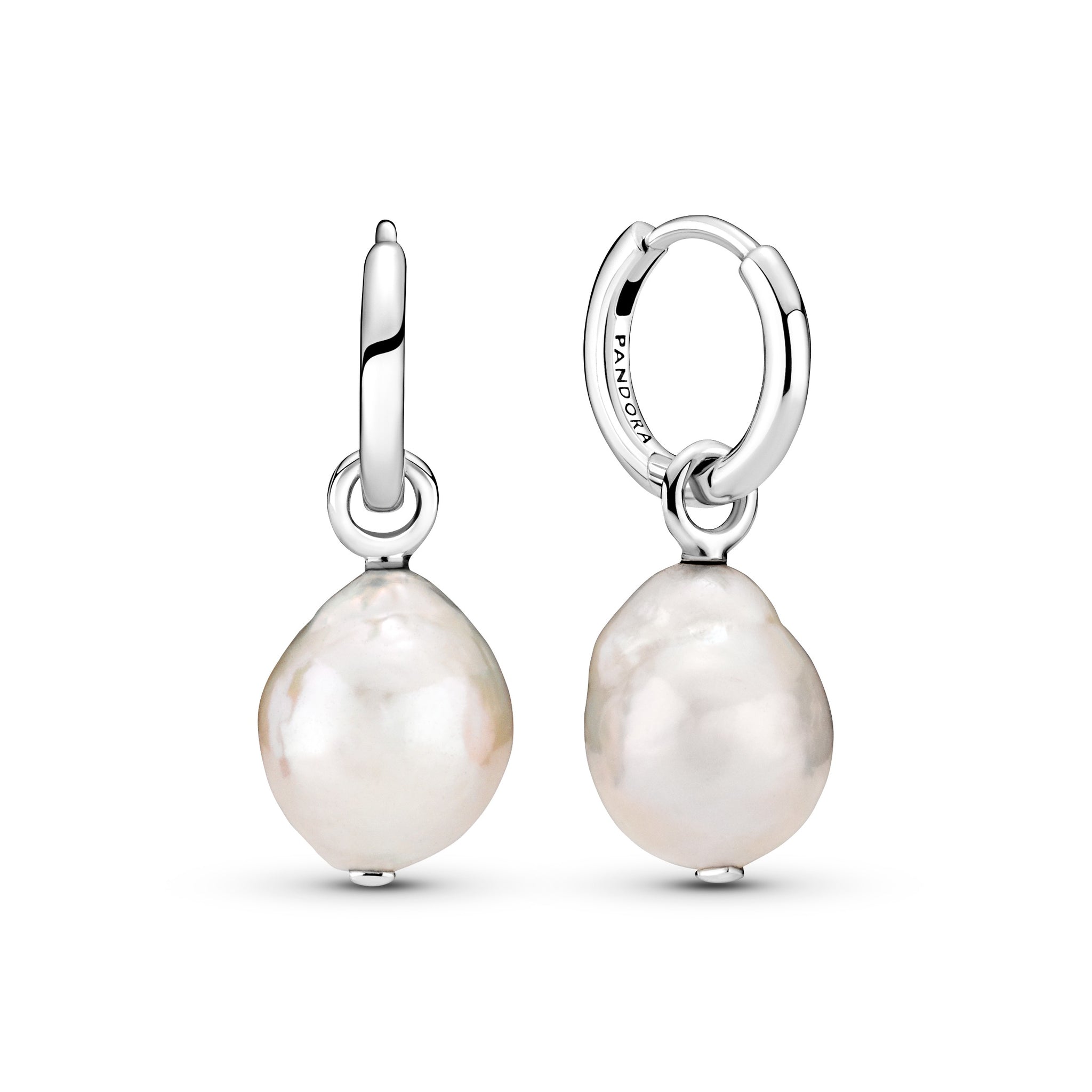 Sterling Silver Hoop Earrings With Baroque White Freshwater Cultured Pearl