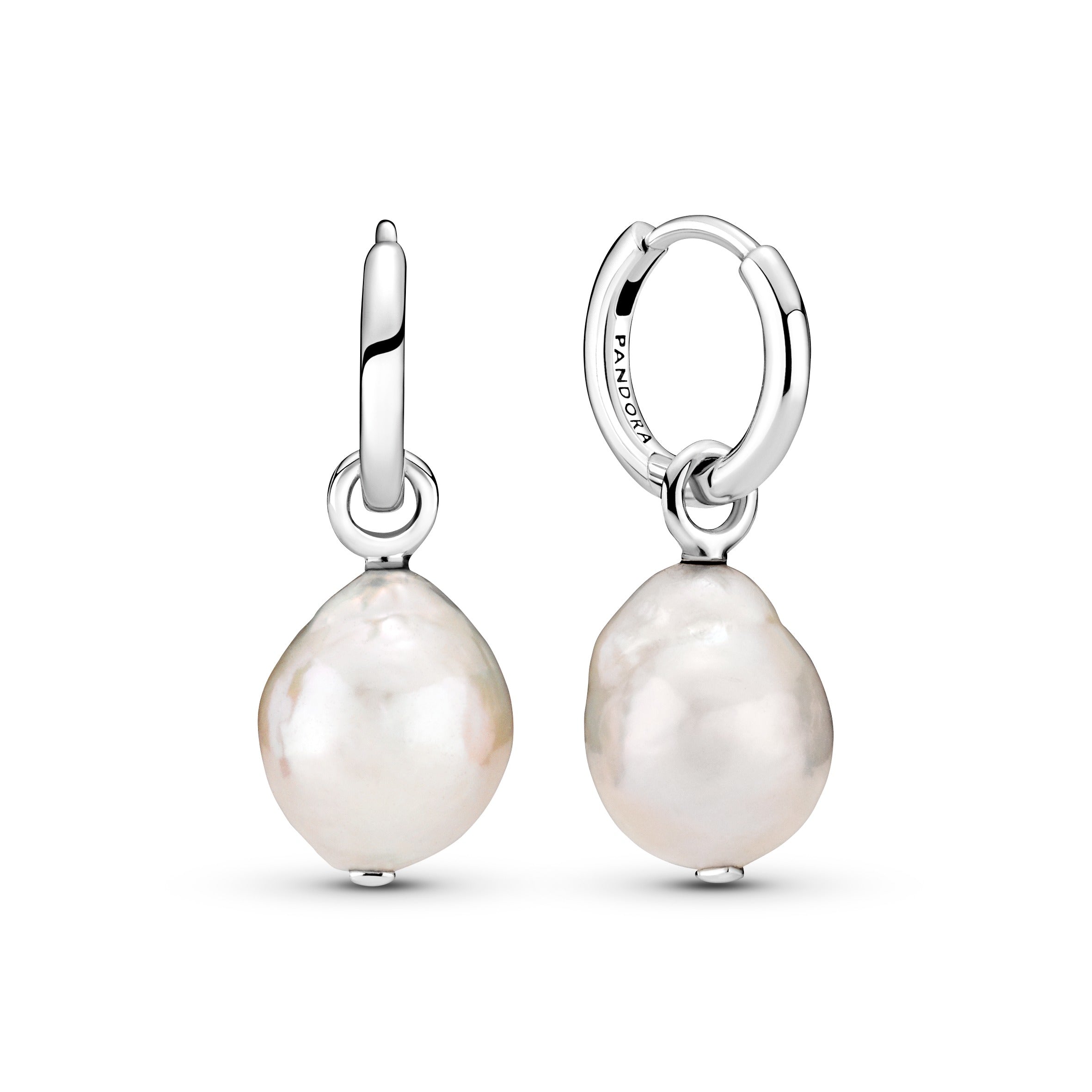 Sterling Silver Hoop Earrings With Baroque White Freshwater Cultured Pearl