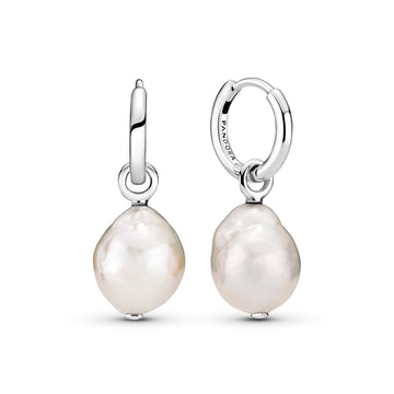 Sterling Silver Hoop Earrings With Baroque White Freshwater Cultured Pearl
