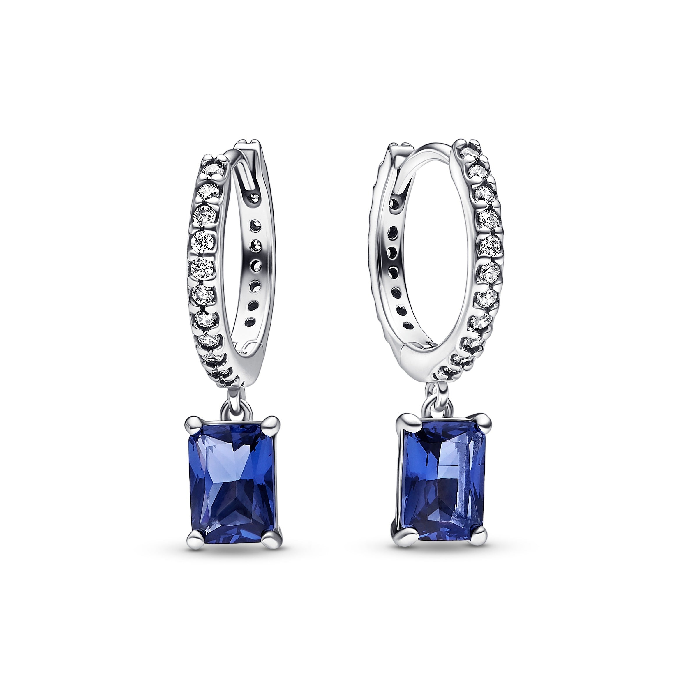 Sterling Silver Hoop Earrings With Princess Blue Crystal And Clear Cubic Zirconia