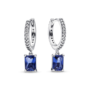 Sterling Silver Hoop Earrings With Princess Blue Crystal And Clear Cubic Zirconia