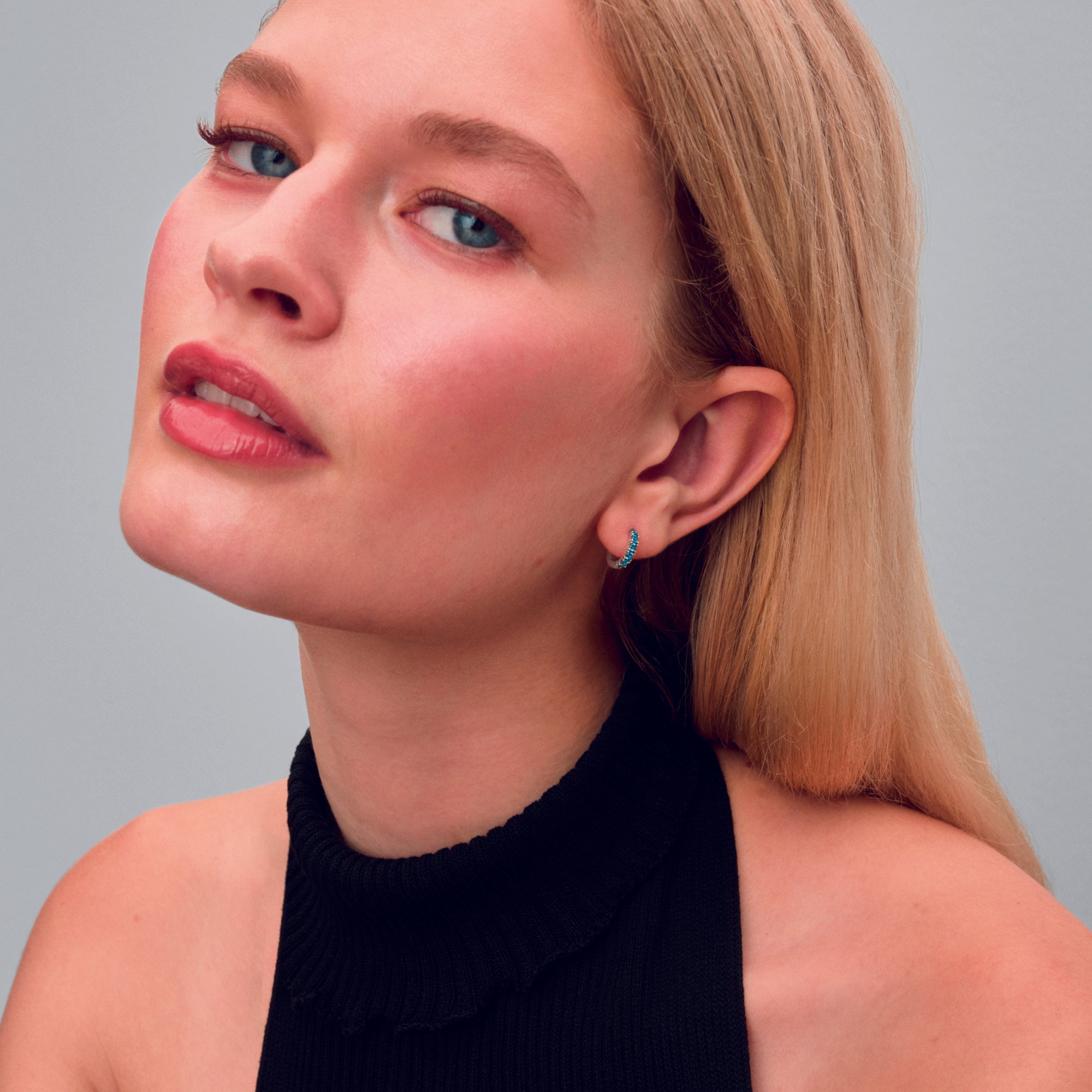 Sterling Silver Huggie Earrings With Aquamarine Blue Crystal