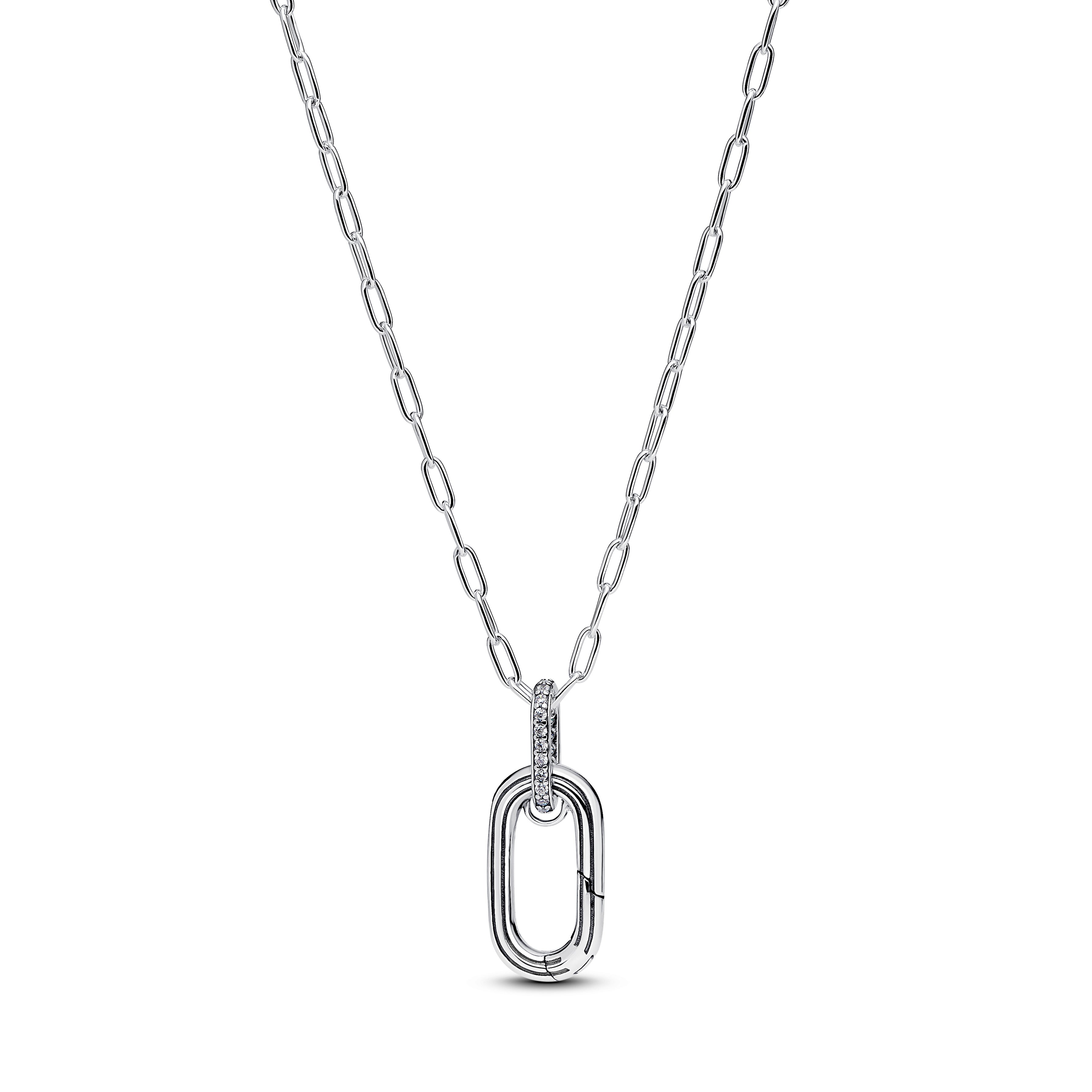 Sterling Silver Openable Link Pendant Necklace With Clear Cubic Zirconia
