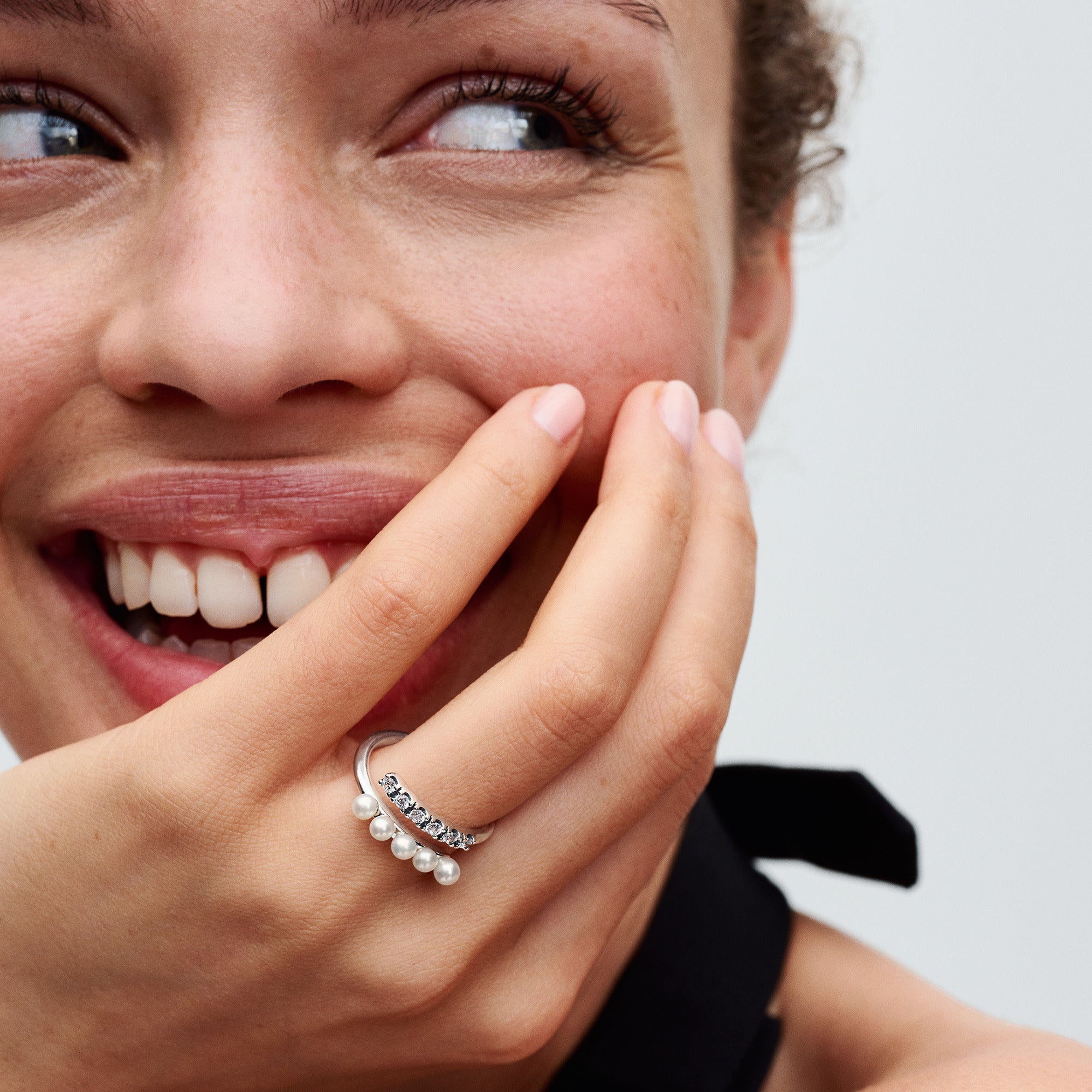 Sterling Silver Open Ring With White Treated Freshwater Cultured Pearl And Clear Cubic Zirconia